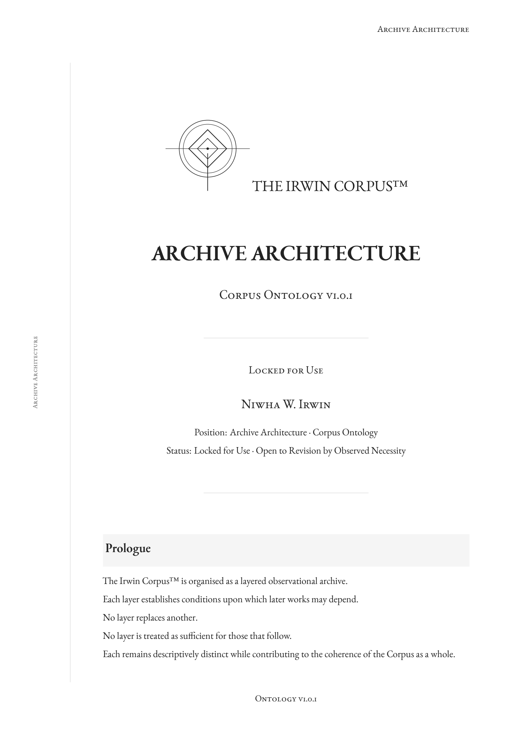 Cover of Archive Architecture, mapping the current ontology and organising structure of the Irwin Corpus™.