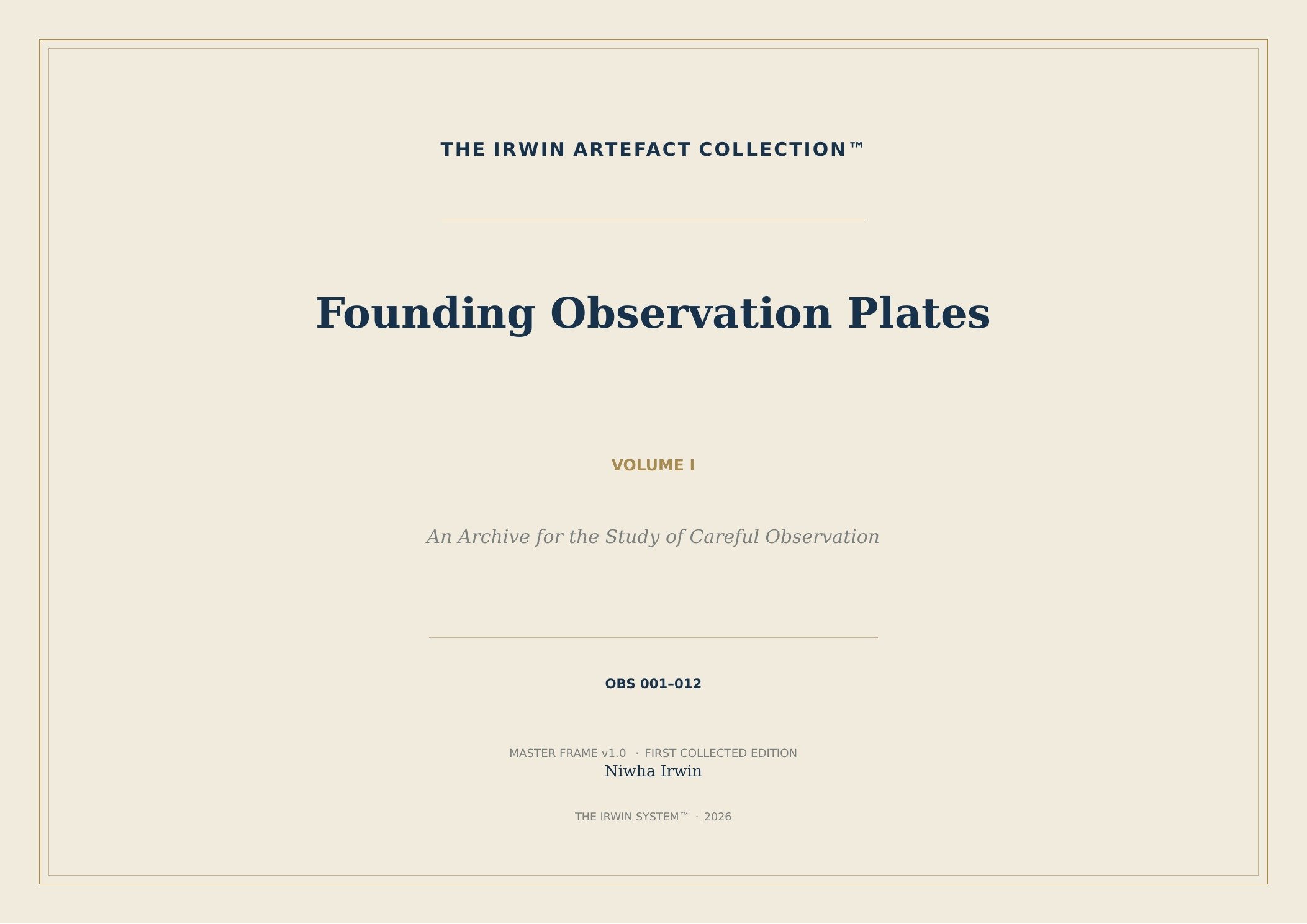 Cover of The Irwin Artefact Collection™ Founding Observation Plates, Volume I, an archive for disciplined observation and return.