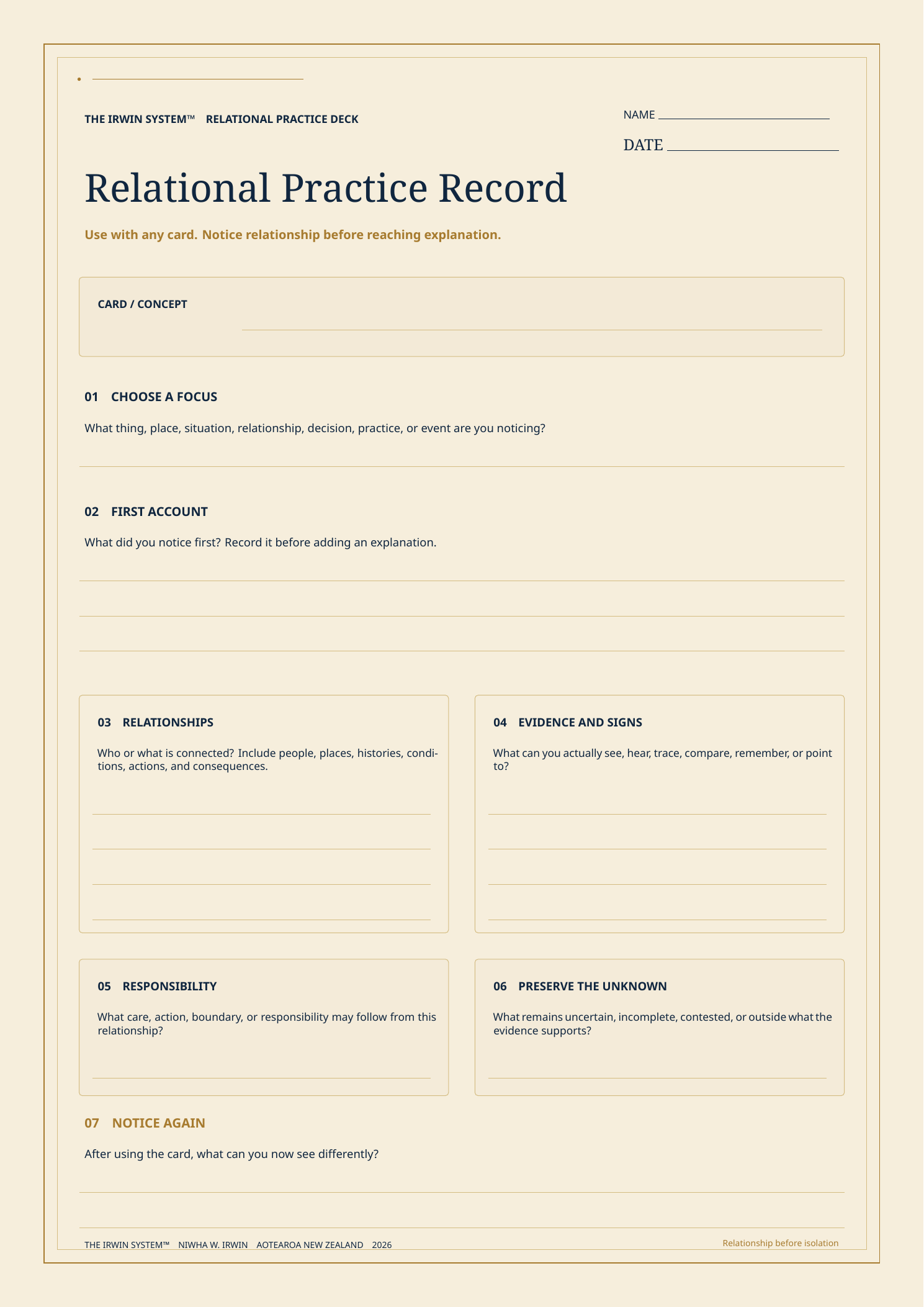 Reusable A4 Relational Practice Record for students to record a relational lens, evidence, responsibilities, possible actions, and reflections.