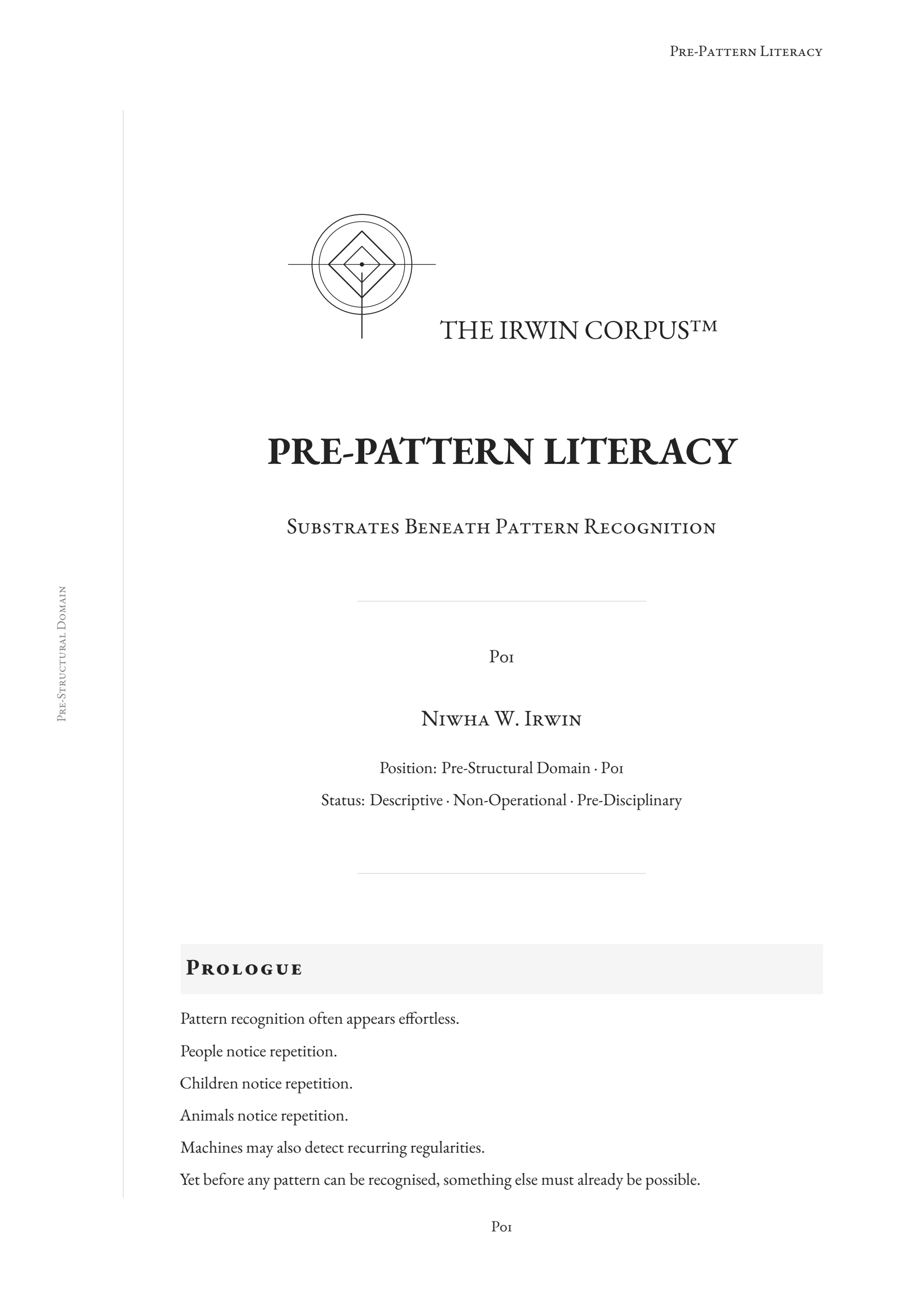 Cover of Pre-Pattern Literacy, examining when recurrence and pattern first become observable.