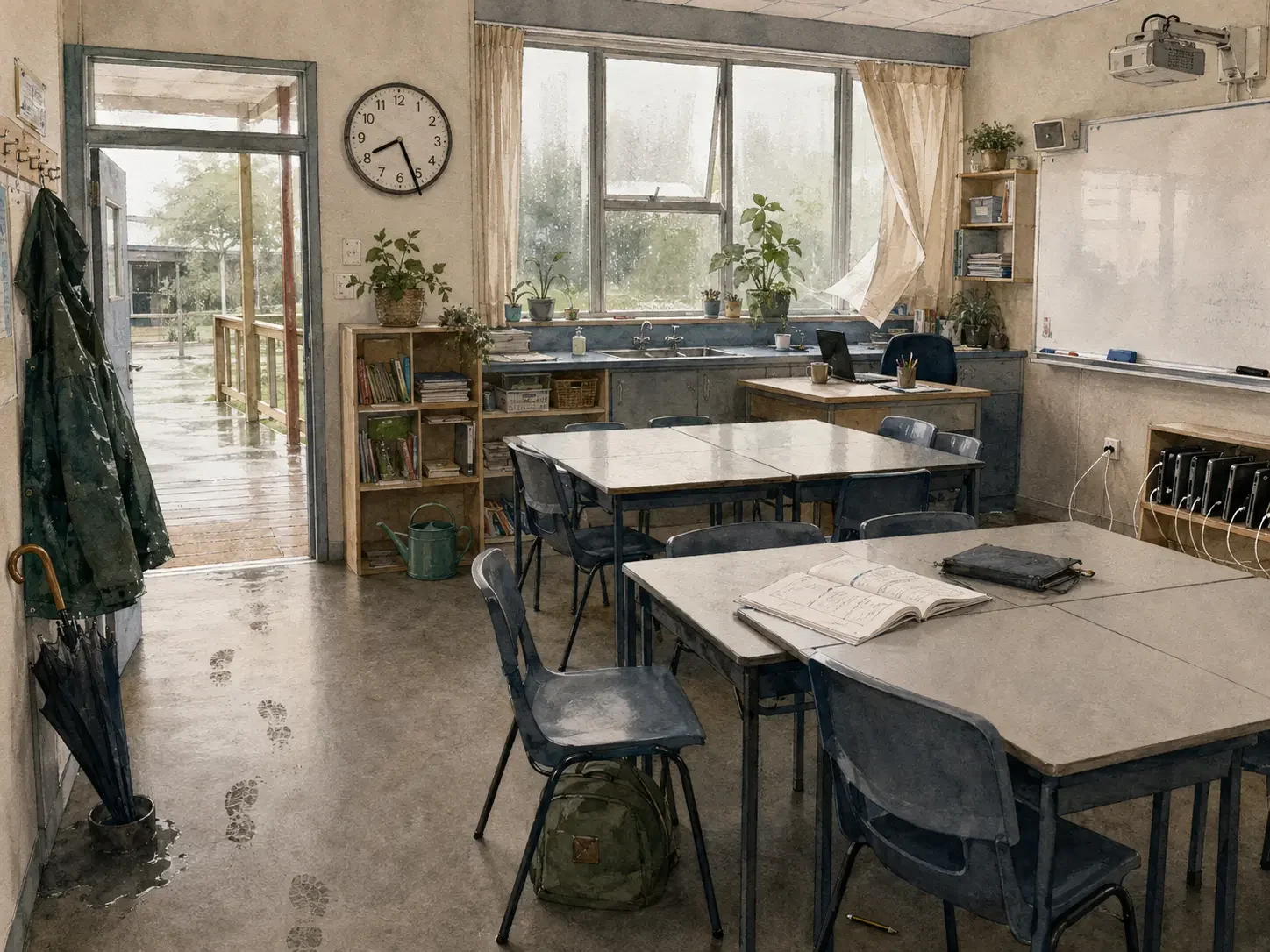 An empty classroom after rain, with wet footprints, umbrellas, an open doorway, unattended learning materials, a backpack and a clock showing 8:27.
