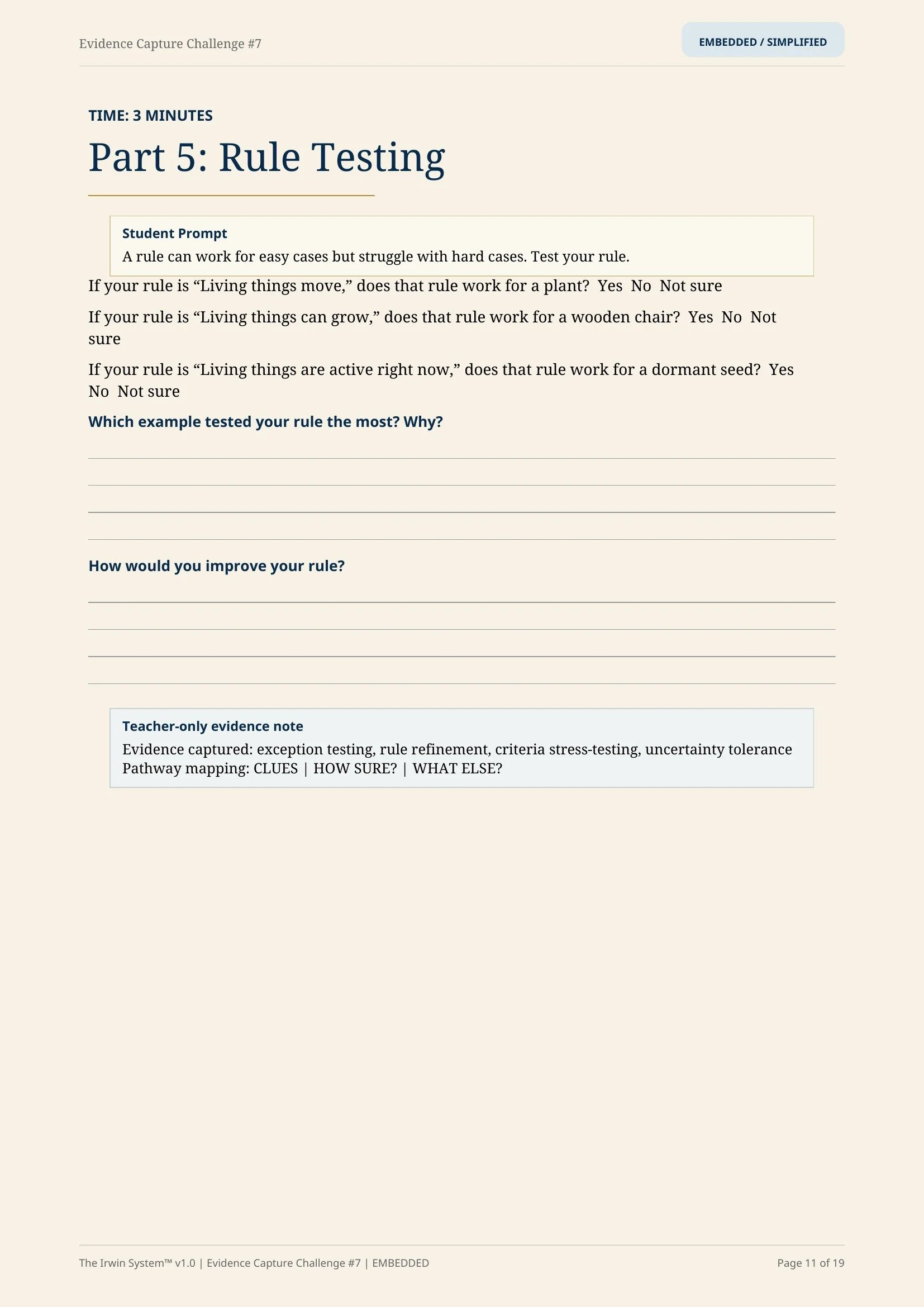 Preview of the rule-testing page from The Borderline Case, helping students examine criteria, exceptions, and possible category changes.