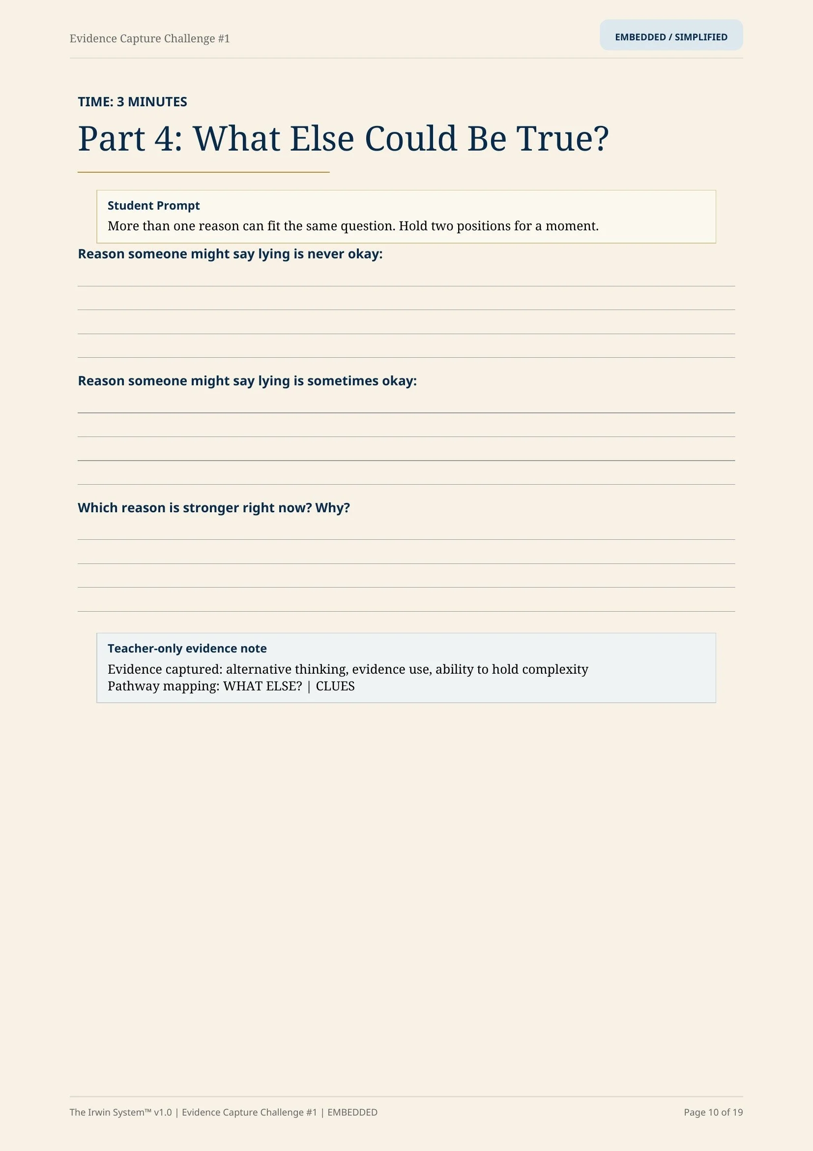 Preview of a key reasoning page helping students reconsider evidence, confidence, and how their thinking has changed.