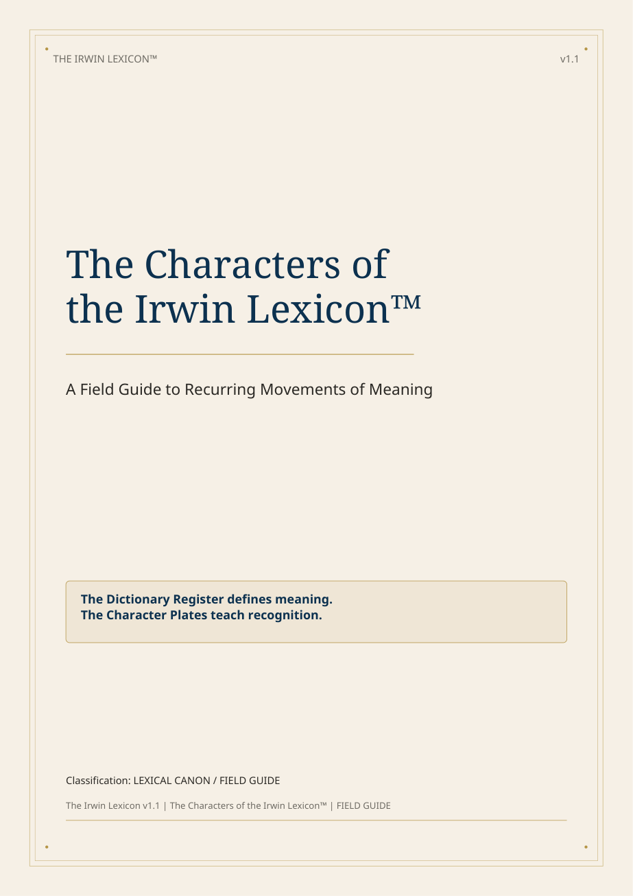 Cover of the Irwin Corpus™ Lexicon Characters, presenting recognition figures that make recurring movements visible.