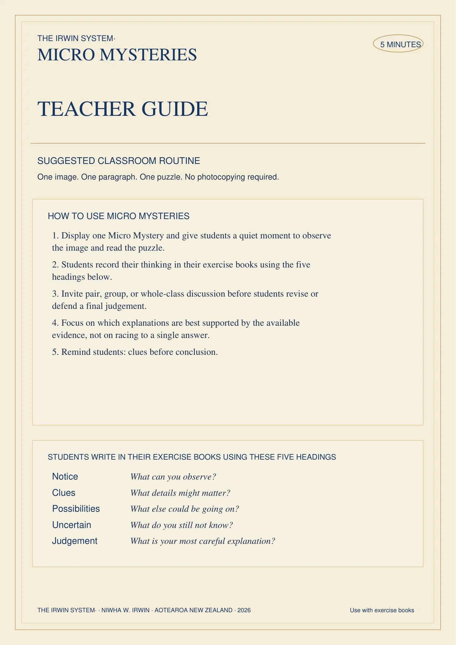 Preview of the Micro Mysteries Teacher Guide, explaining the five-minute classroom routine and exercise-book recording headings.
