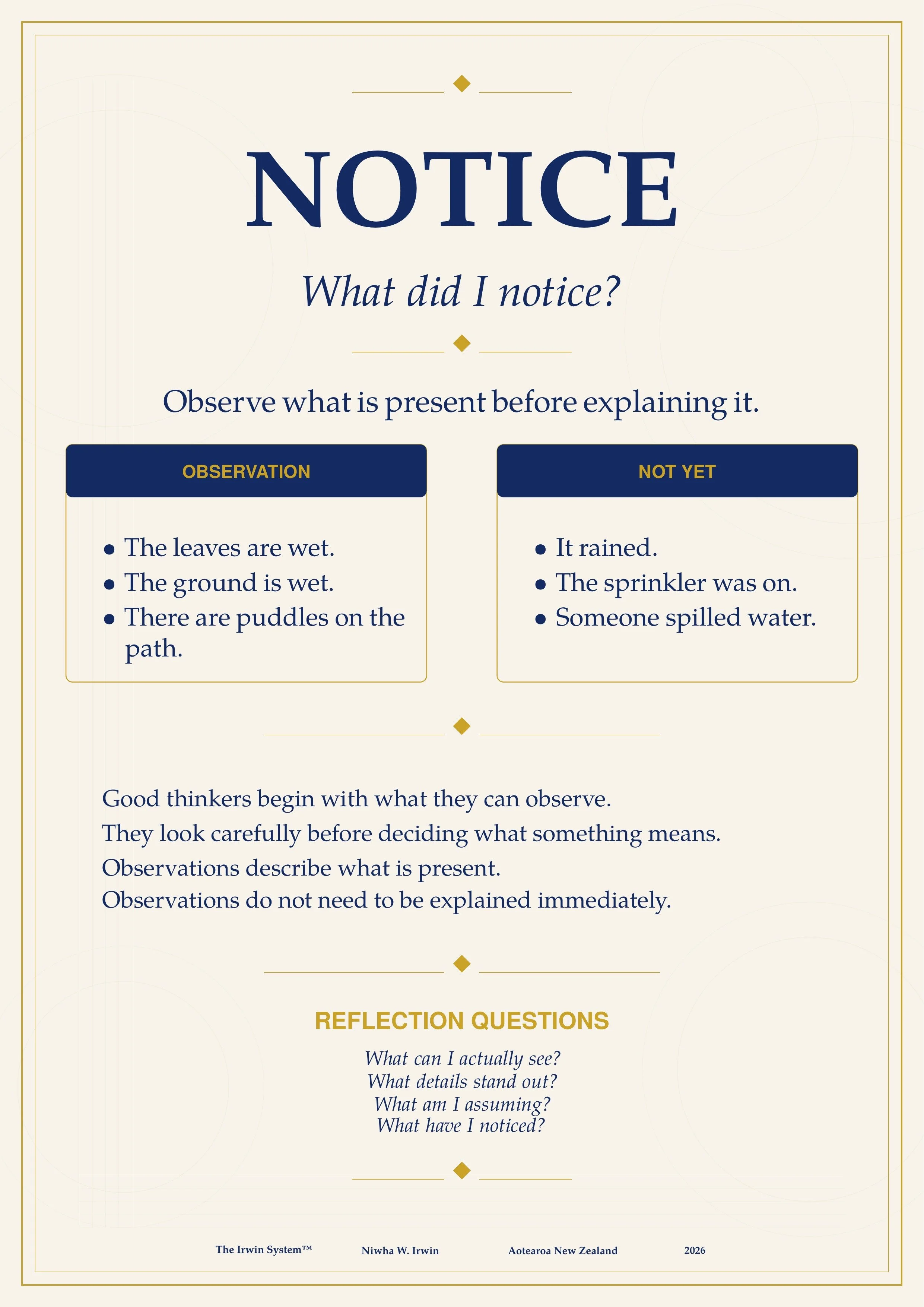 The Irwin System™ “Notice” poster, prompting learners to observe what is present before explaining.
