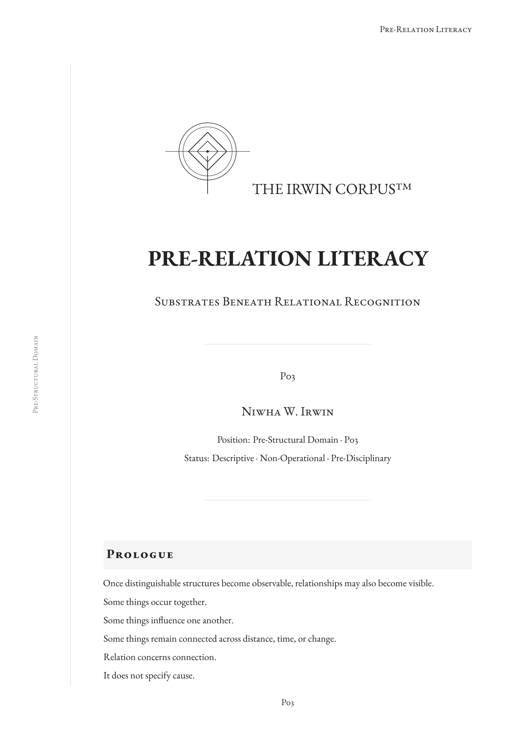 Cover of Pre-Relation Literacy, examining when connections and relationships first become observable.
