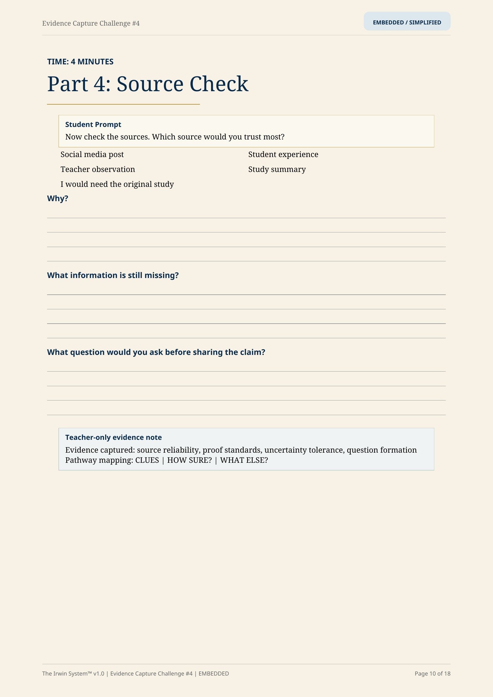 Preview of the source-checking page from The Viral Claim, helping students examine credibility, context, and supporting evidence.