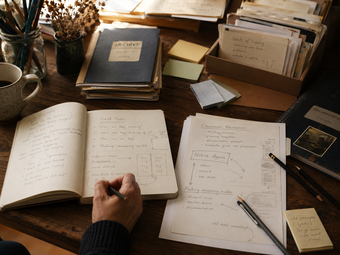 Teacher workspace with a notebook, classroom-resource folders, papers, sticky notes, and a mug arranged on a wooden table.