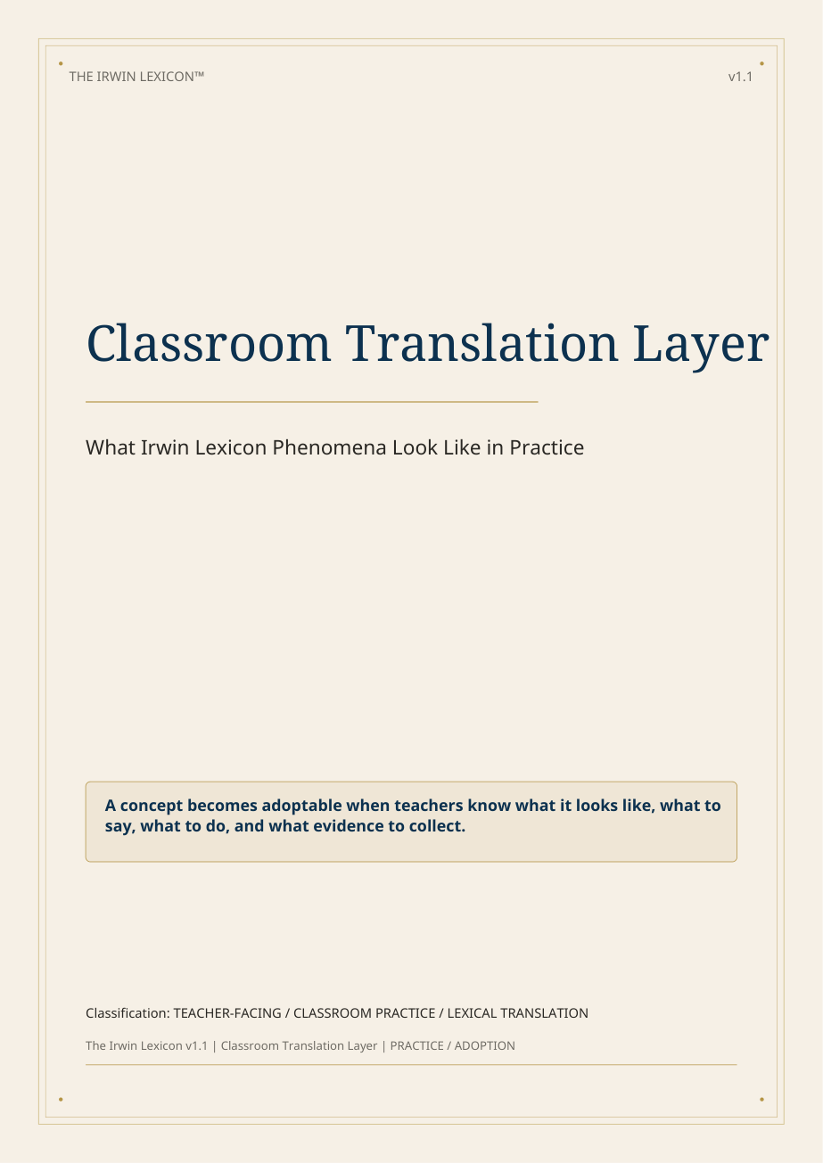 Cover of the Irwin Corpus™ Lexicon Classroom Translation layer, connecting archive language with classroom reasoning practice.