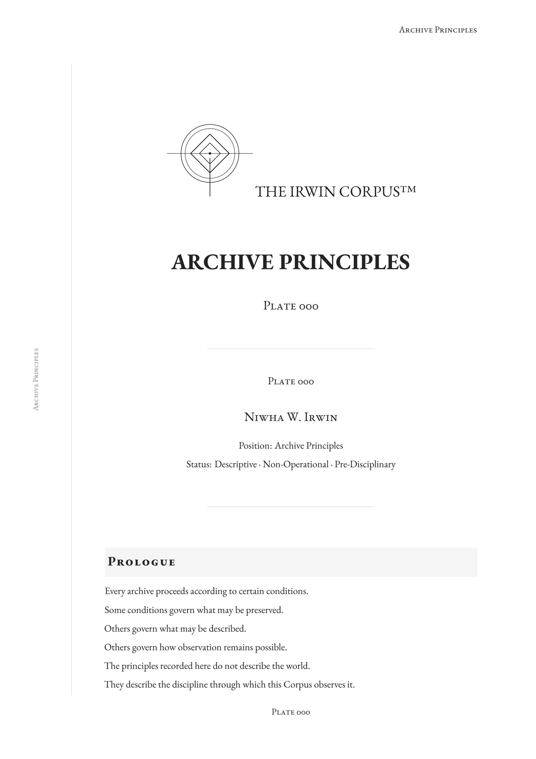 Cover of Archive Principles, the foundational work establishing the observational discipline of the Irwin Corpus™.