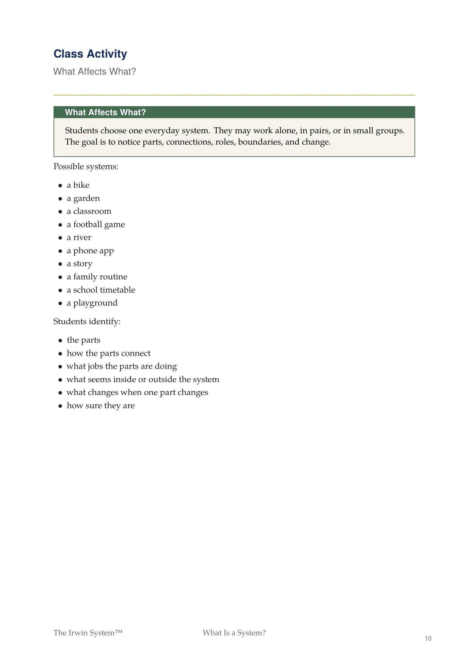 Preview of the Map a System student task, helping learners identify parts, connections, roles, boundaries, and effects within a system.