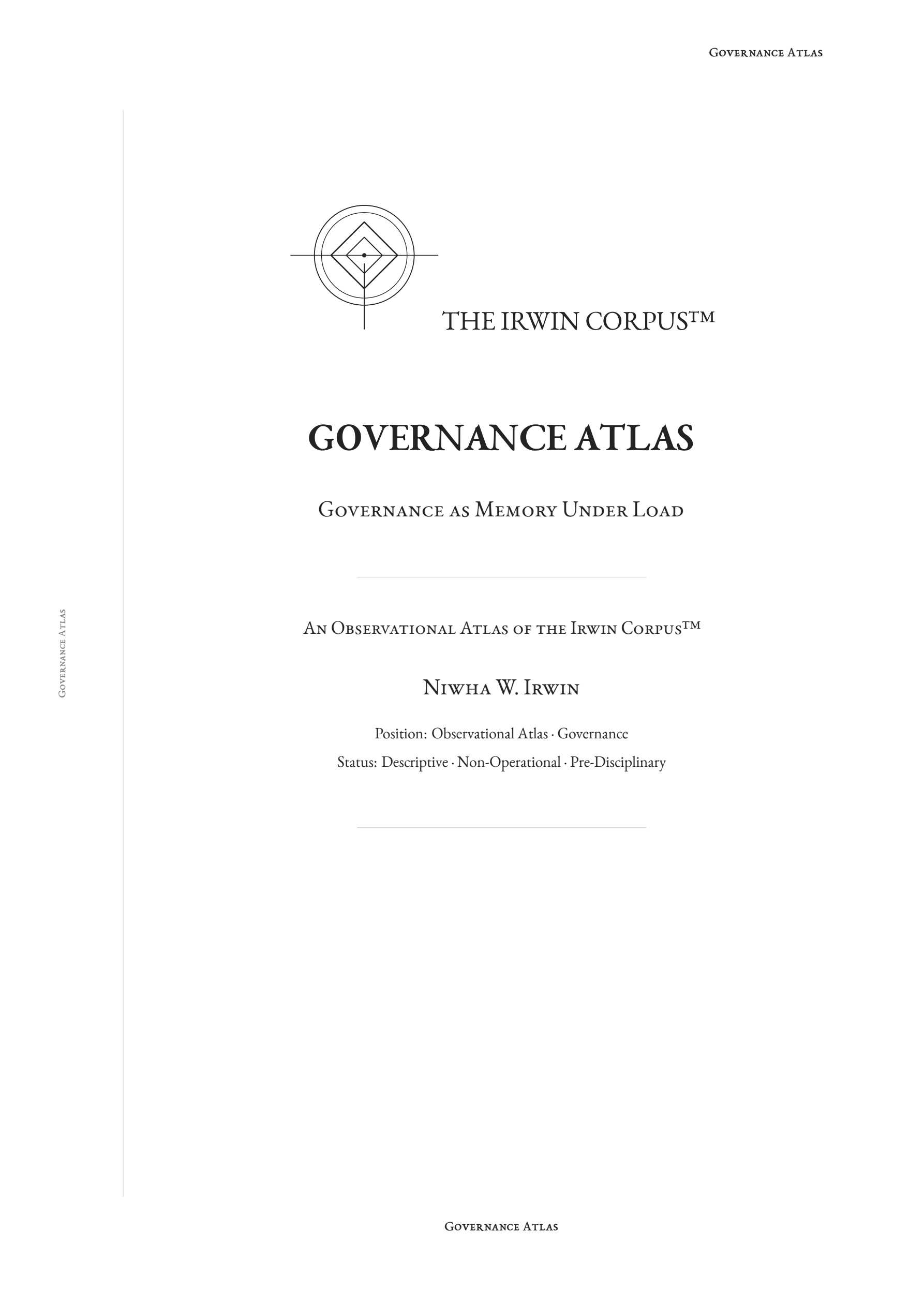 Cover of Governance Atlas, examining governance as memory under load across relational, documentary, digital, and regulatory systems.