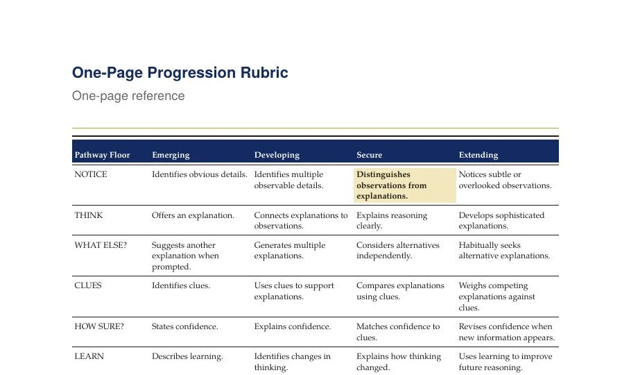 The rubric provides shared observational language. It does not grade or label the learner.
