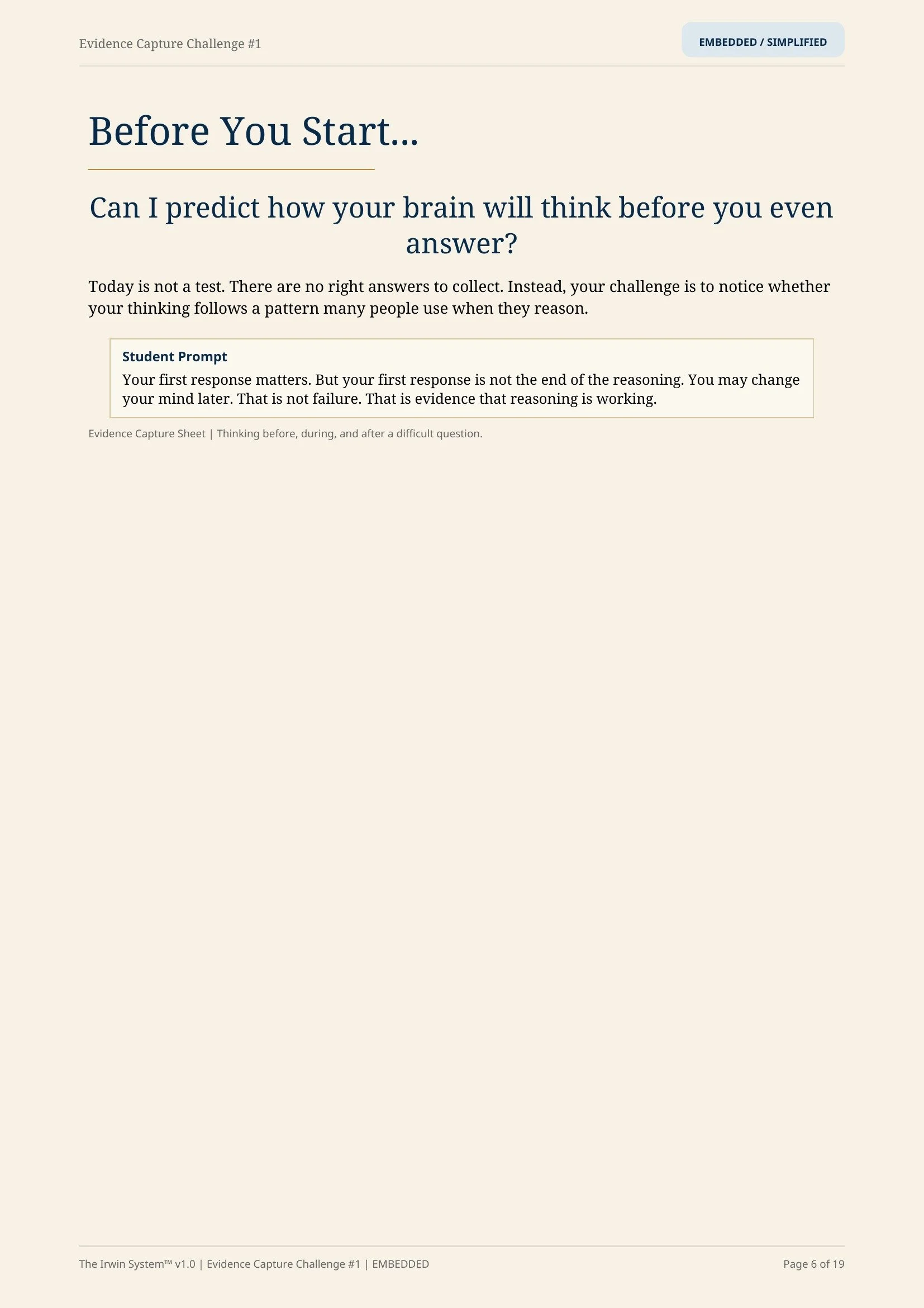Preview of the opening classroom prompt from The 20-Minute Thinking Challenge, inviting students to record their first response.