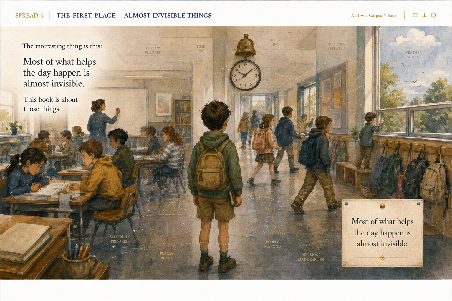 An illustrated school environment showing students and teachers moving through an ordinary day, with faint pathways and labels revealing the planning, routines, decisions, preparation and changing conditions that make the day possible.