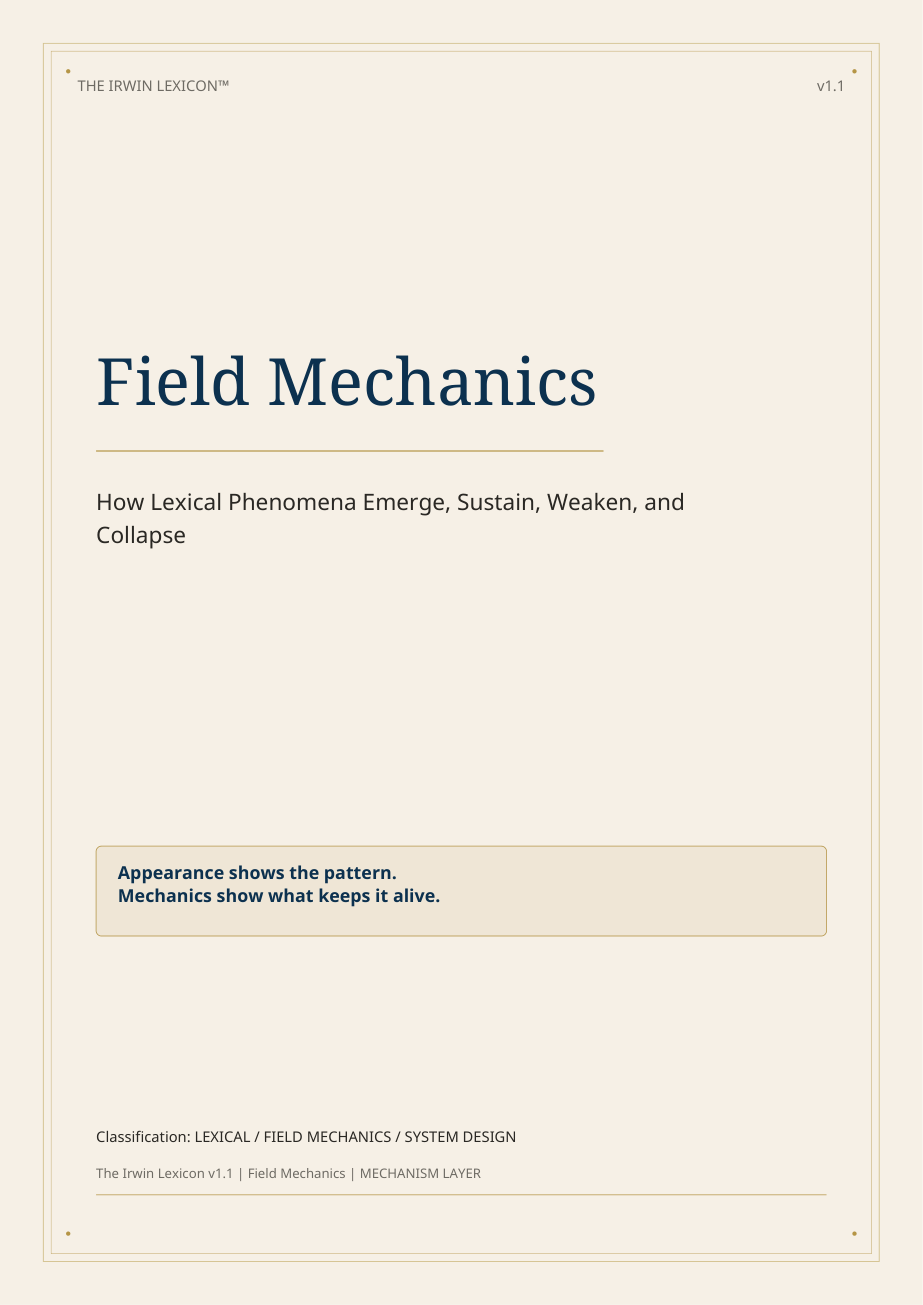 Cover of the Irwin Corpus™ Lexicon Field Mechanics, examining how terms generate, constrain, stabilise, and transform one another.