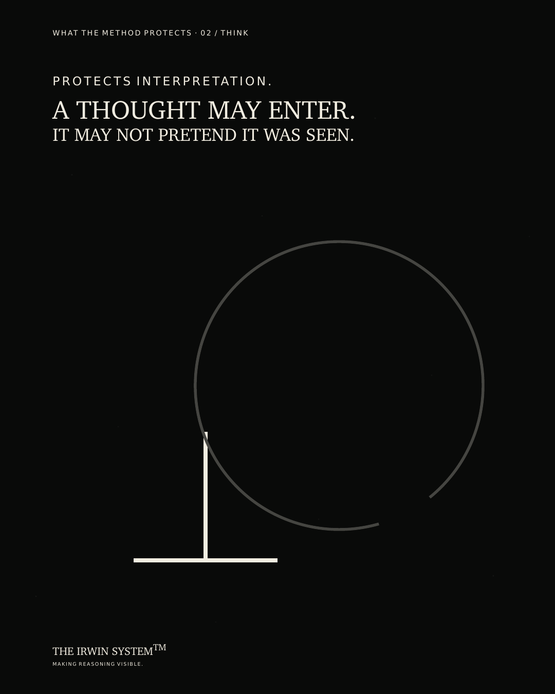 Protection twin for THINK, protecting Interpretation. Poster text: A thought may enter. It may not pretend it was seen.
