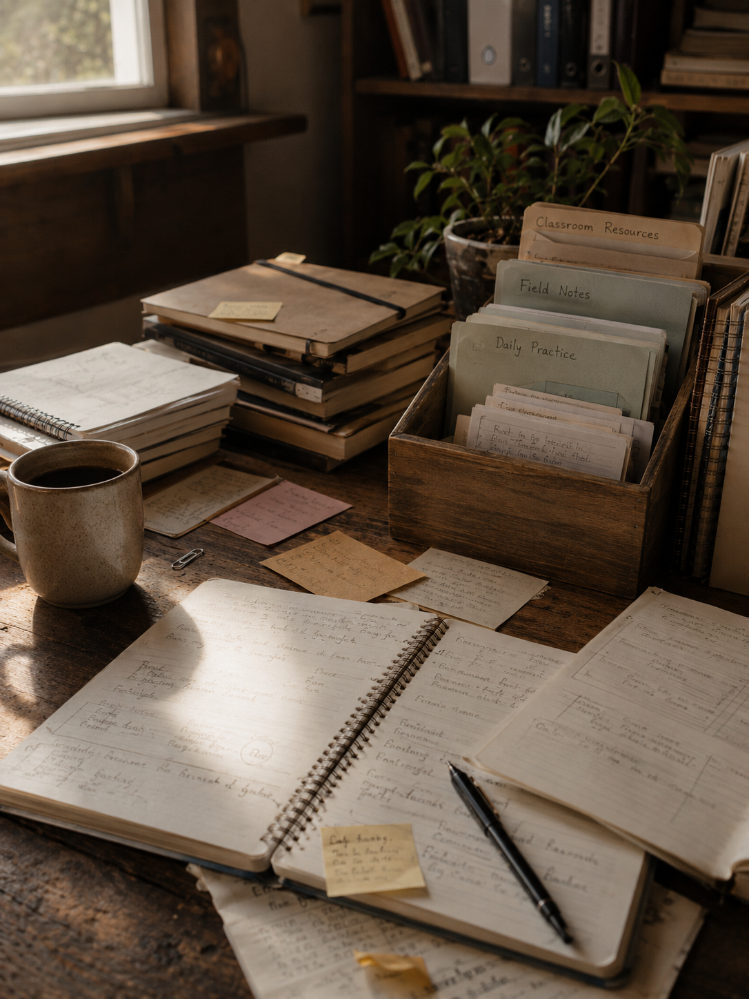 Wooden desk with notebooks, papers, sticky notes, coffee, and folders labelled Classroom Resources, Field Notes, and Daily Practice.