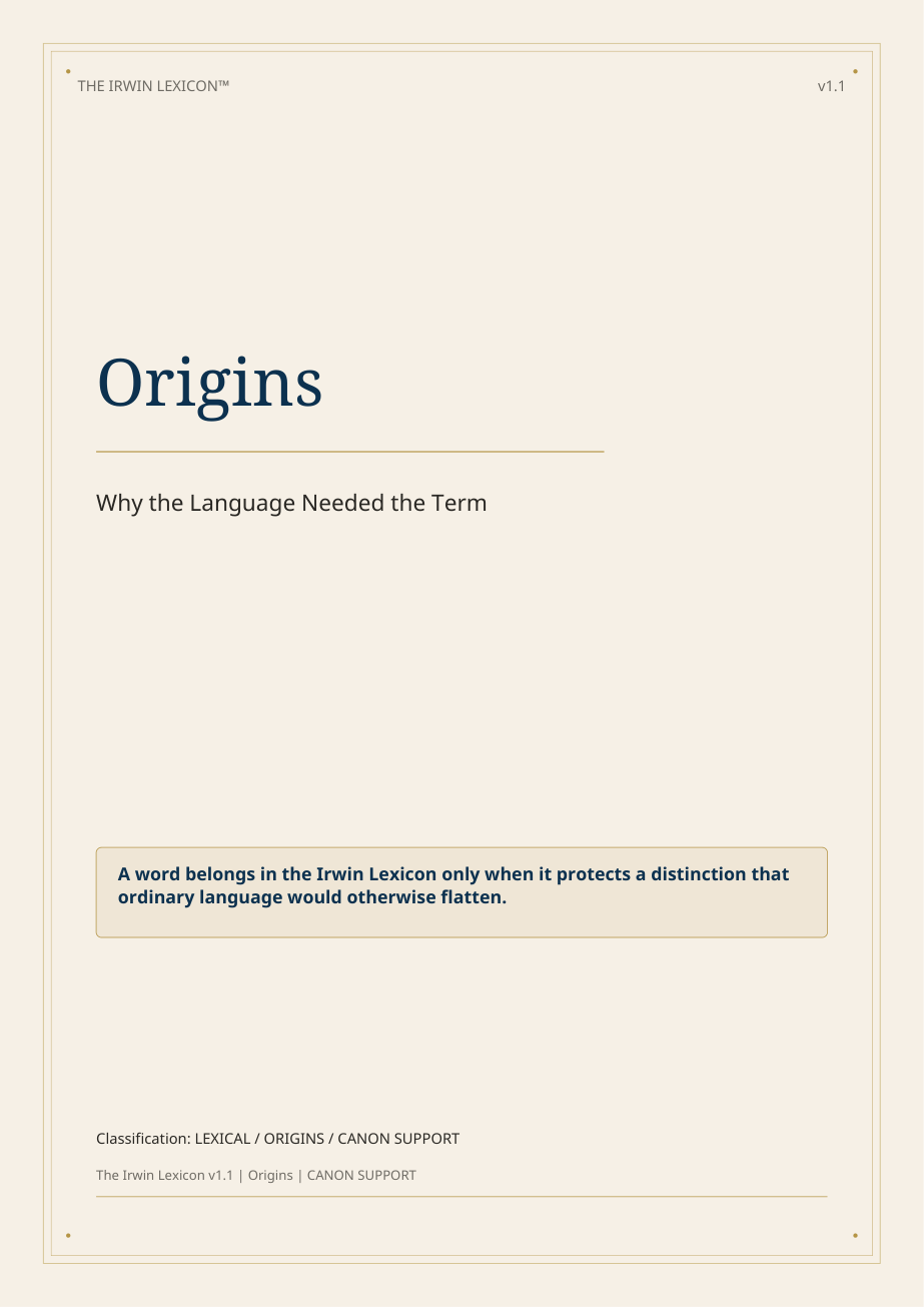 Cover of the Irwin Corpus™ Lexicon Origins, recording how terms emerge and enter the archive.
