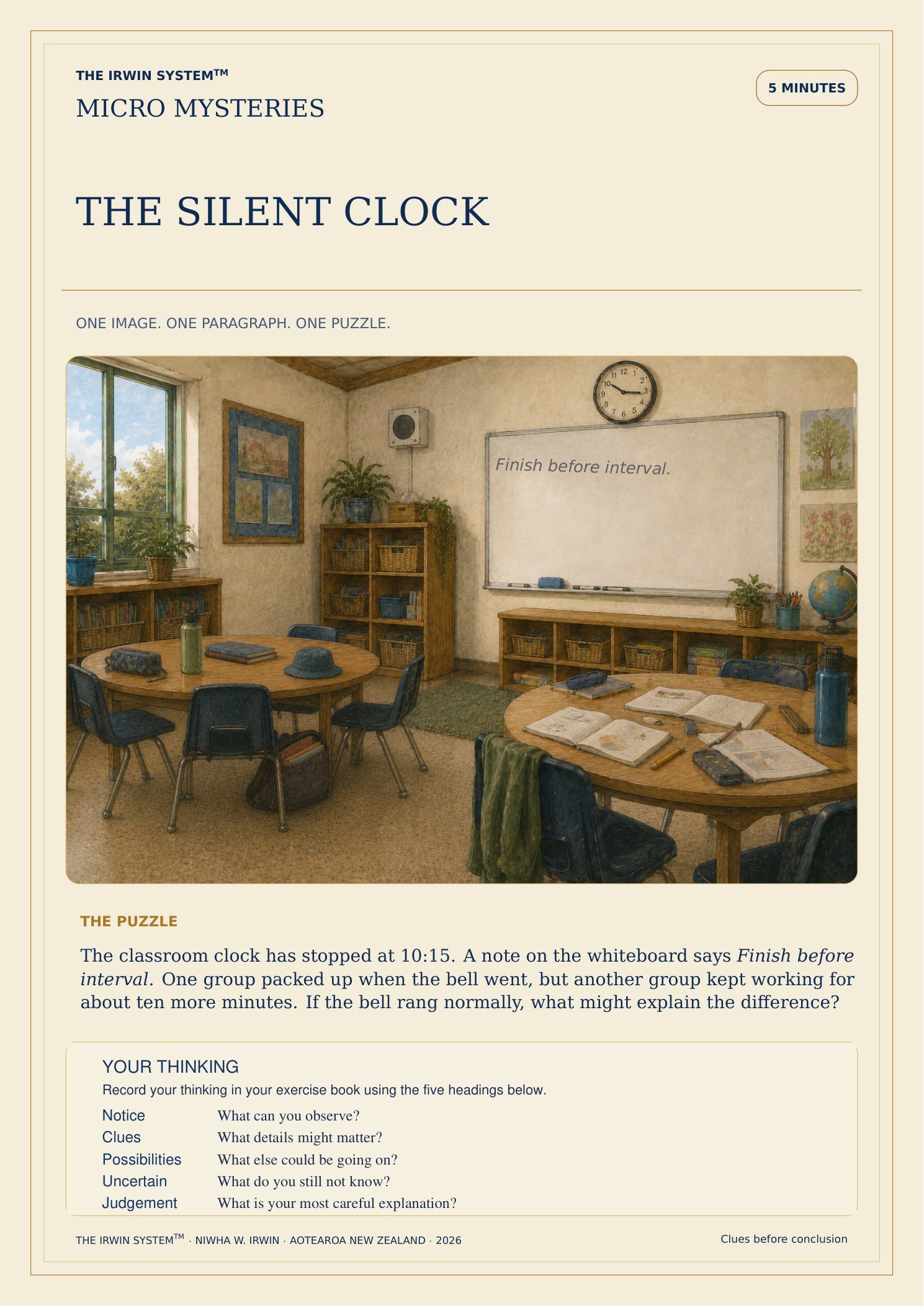 Preview of The Silent Clock, an illustrated Micro Mystery inviting learners to examine incomplete clues and consider several explanations.