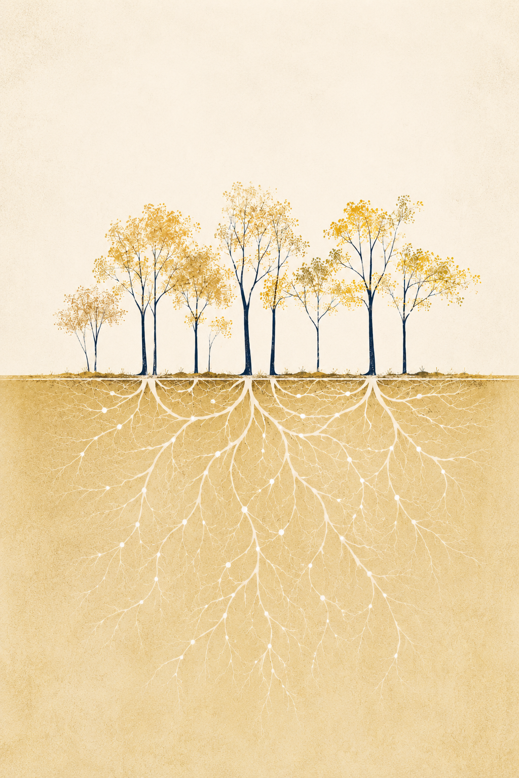 Illustration of trees with visible root systems beneath the ground, showing hidden structure and connection.