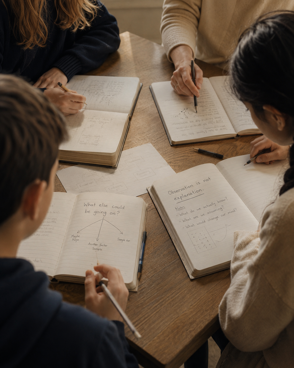 Students studying together around a wooden table with notebooks, papers, and handwritten notes.