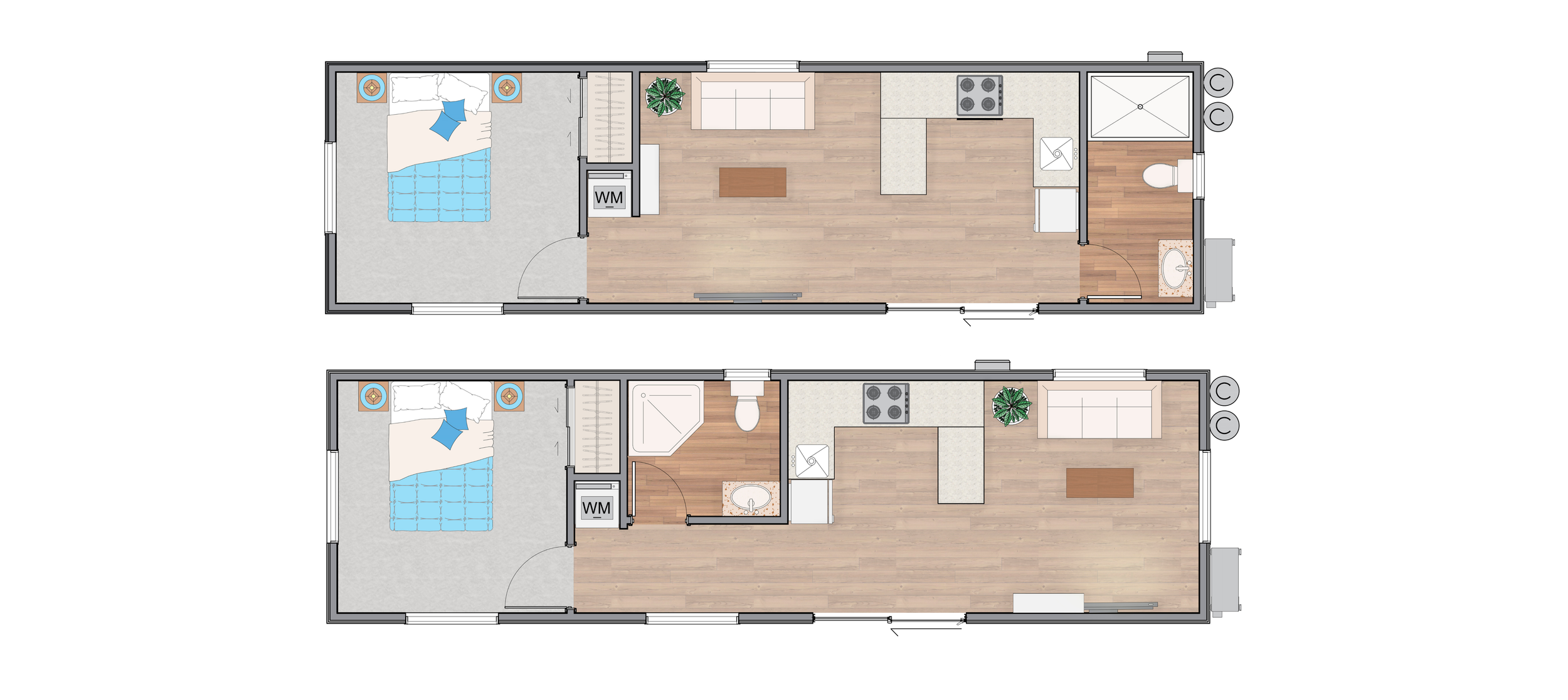 Floor plans of a small dwelling, showing bedrooms, bathrooms, kitchen, and living areas.