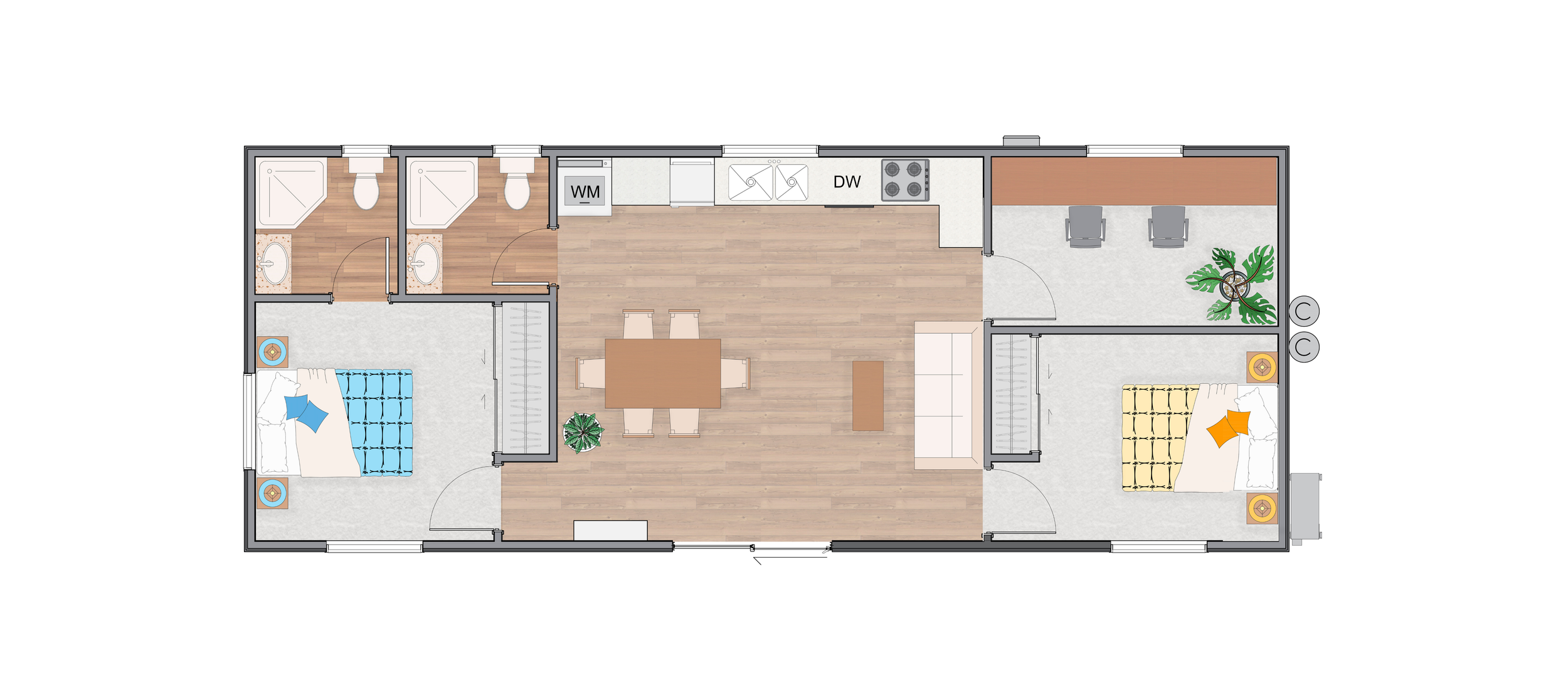Floor plan of a two-bedroomdwelling with a central living and dining area, kitchen, two bathrooms, and two bedrooms, each with a bed and bedside tables.
