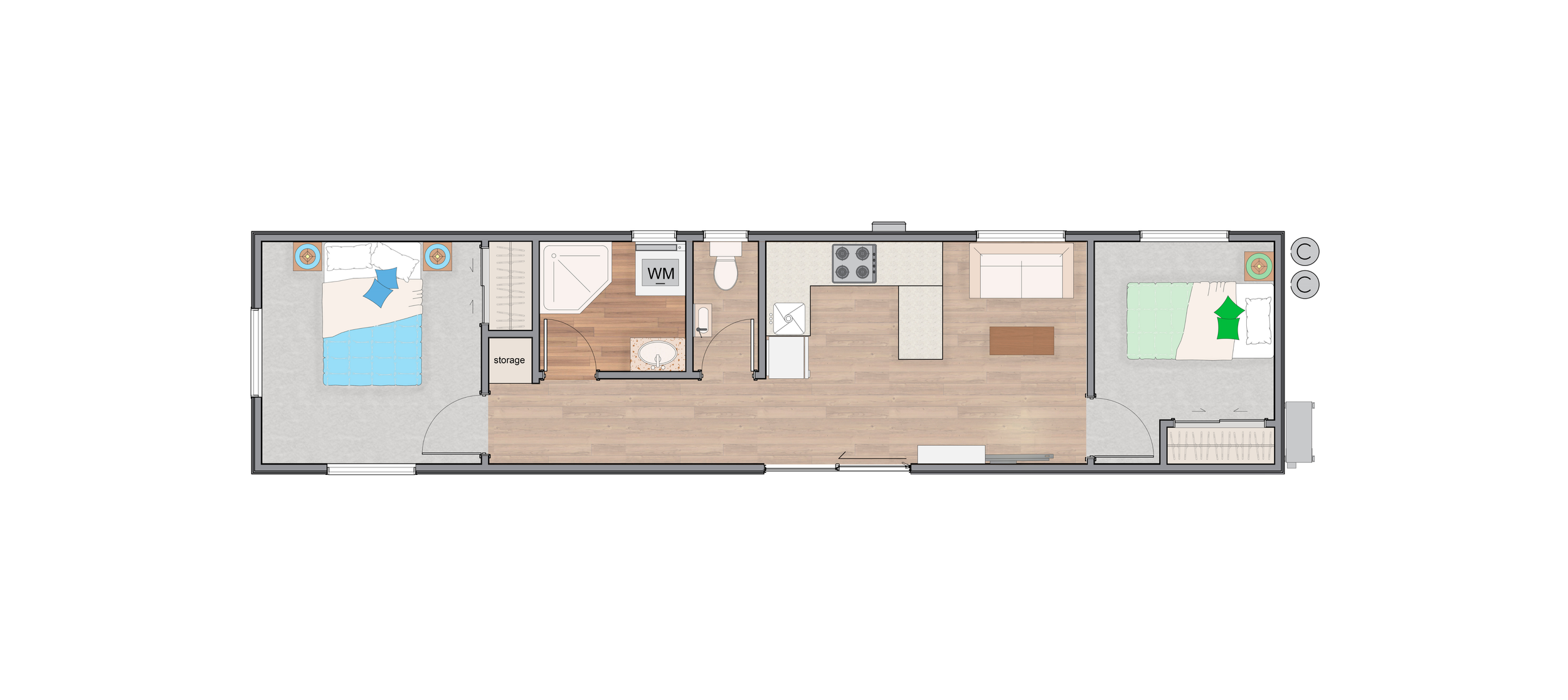 Floor plan of a small dwelling with two bedrooms, a bathroom, a kitchen, and a living room.