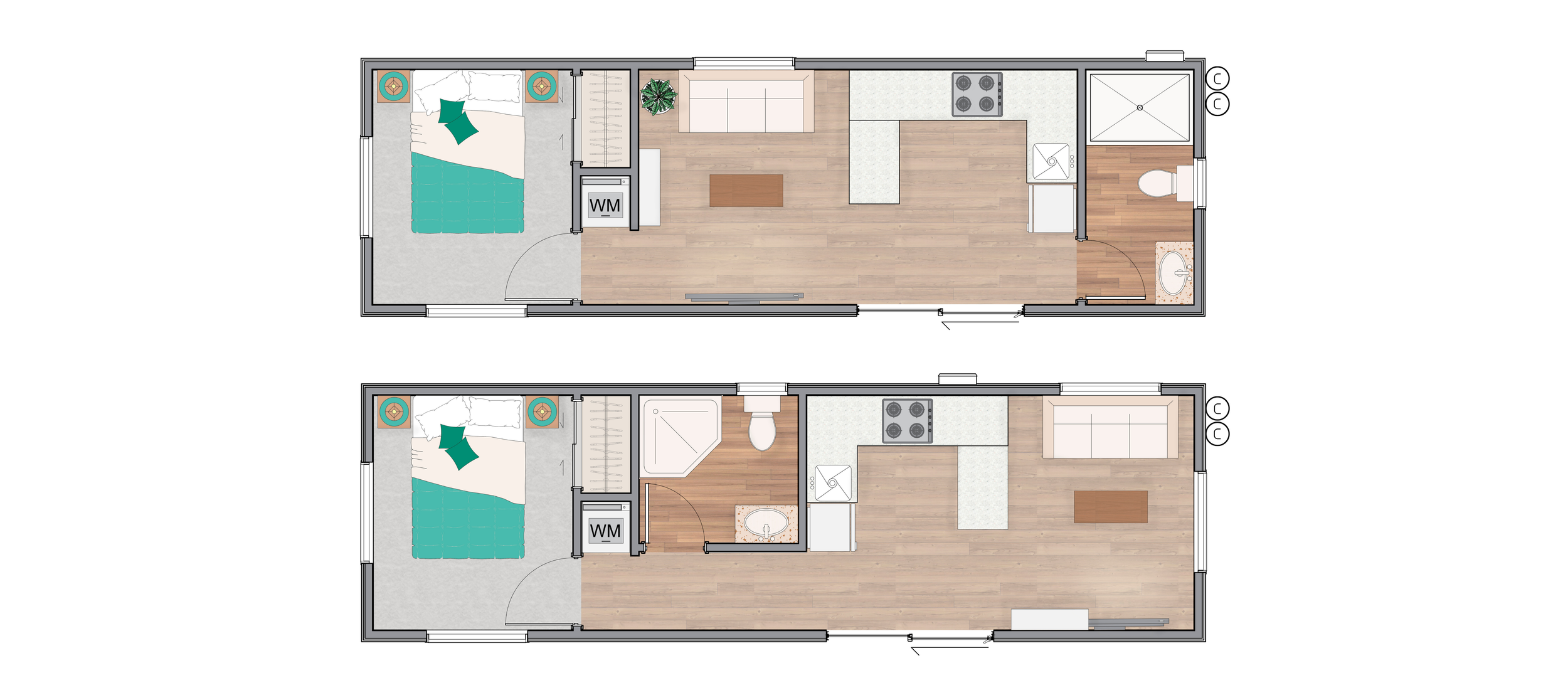 Floor plan of a dwelling, showing bedrooms, bathrooms, kitchen and living area.