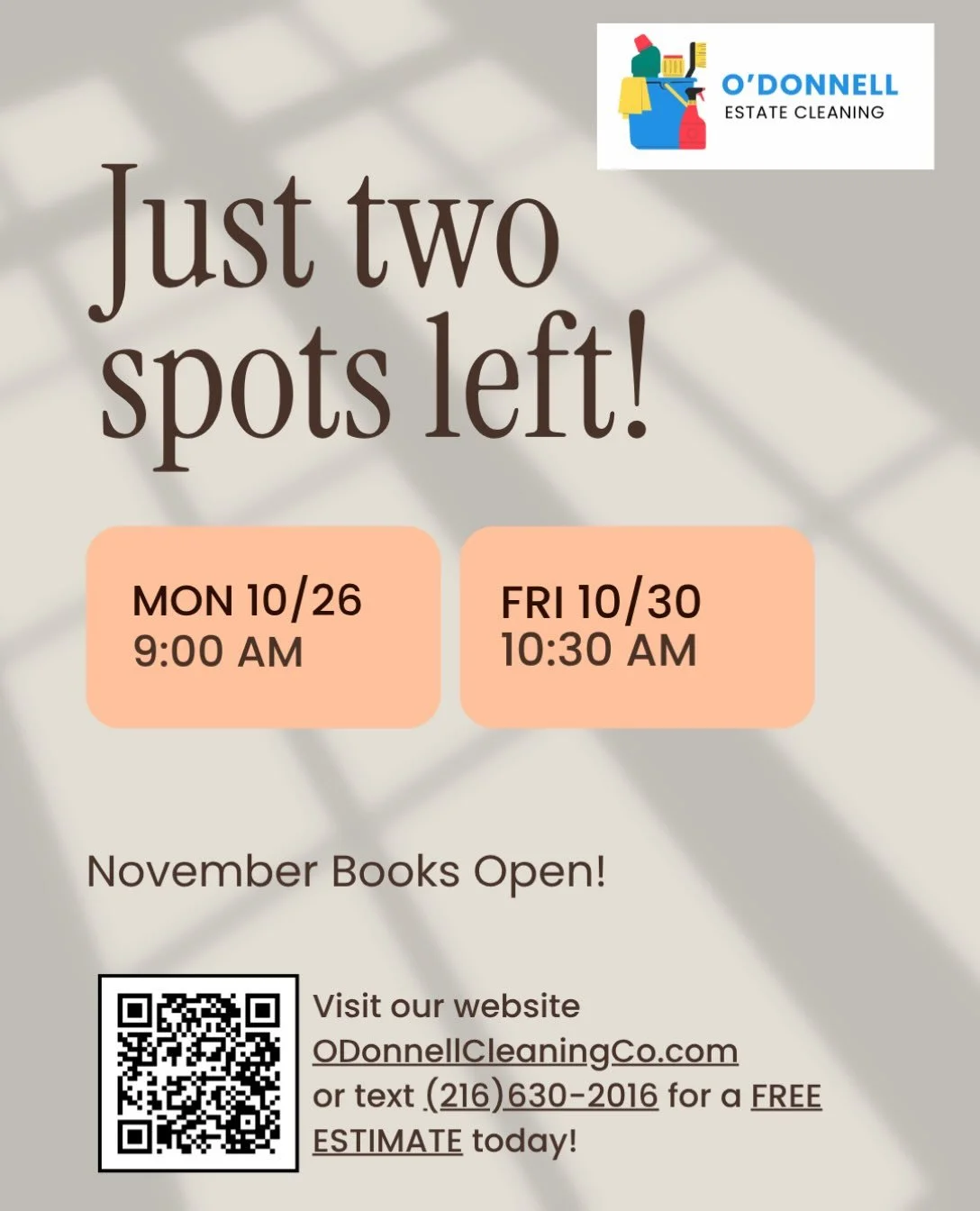 Just TWO spots left! Now booking for November!

Ready for a cleaner, fresher home without the stress? I&rsquo;m now accepting bookings for November, and only two openings remain!

Services include standard recurring cleaning, deep cleaning, one-time 