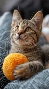 A tabby cat lying on someone's lap, holding an orange ball with its paws.