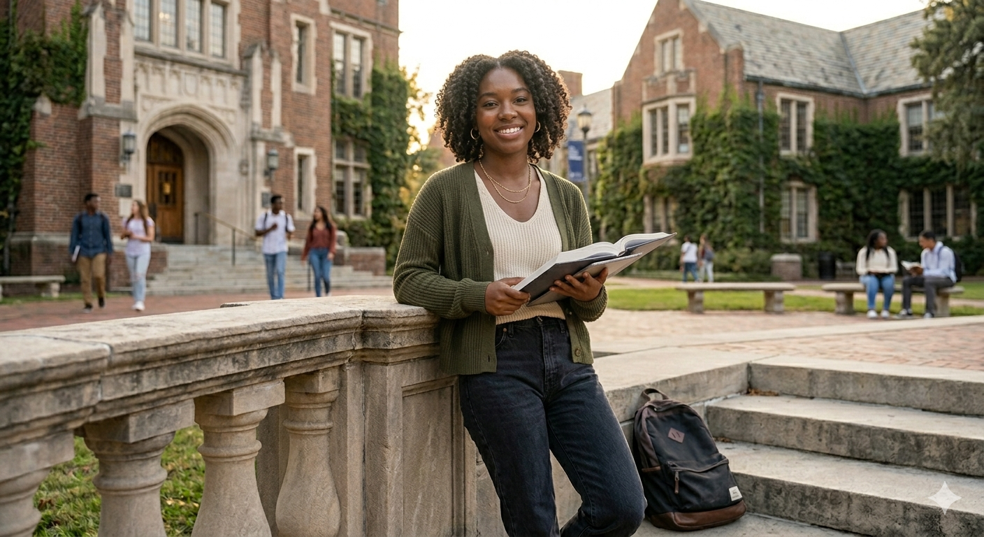 A young woman holding a book stands on a college campus with other students walking and sitting around, historic brick buildings in the background, and a backpack on the steps nearby.