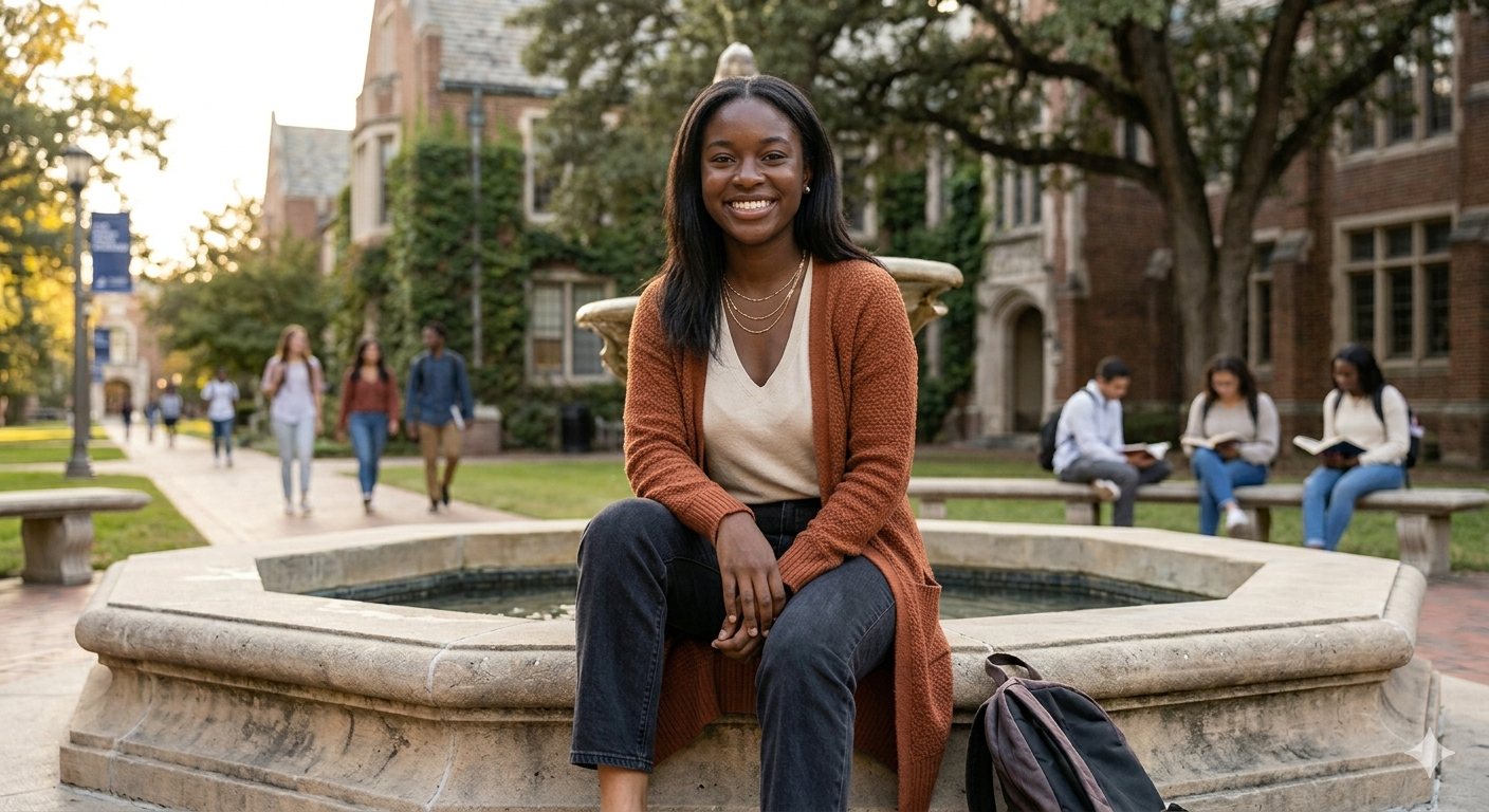 A young woman sitting on a stone fountain in a college campus or park, smiling, with other students walking and reading in the background.