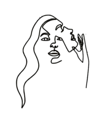 Line drawing of a woman with long hair, her face turned to the side, and her hand near her face.