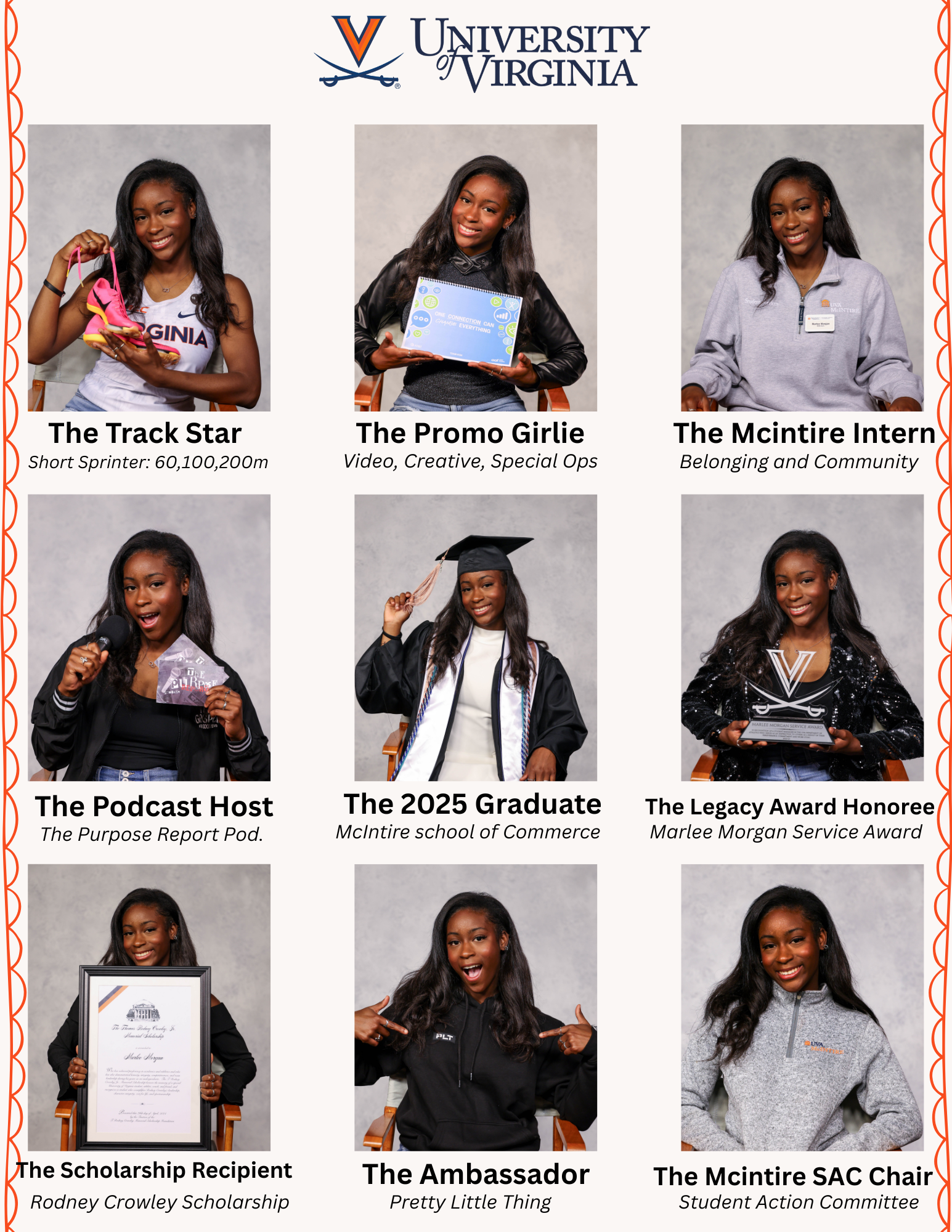 Series of nine portraits of young women at University of Virginia, each with a caption describing her role or achievement, including a track star, promo girl, intern, podcast host, graduate, award recipient, scholarship recipient, ambassador, and committee chair.