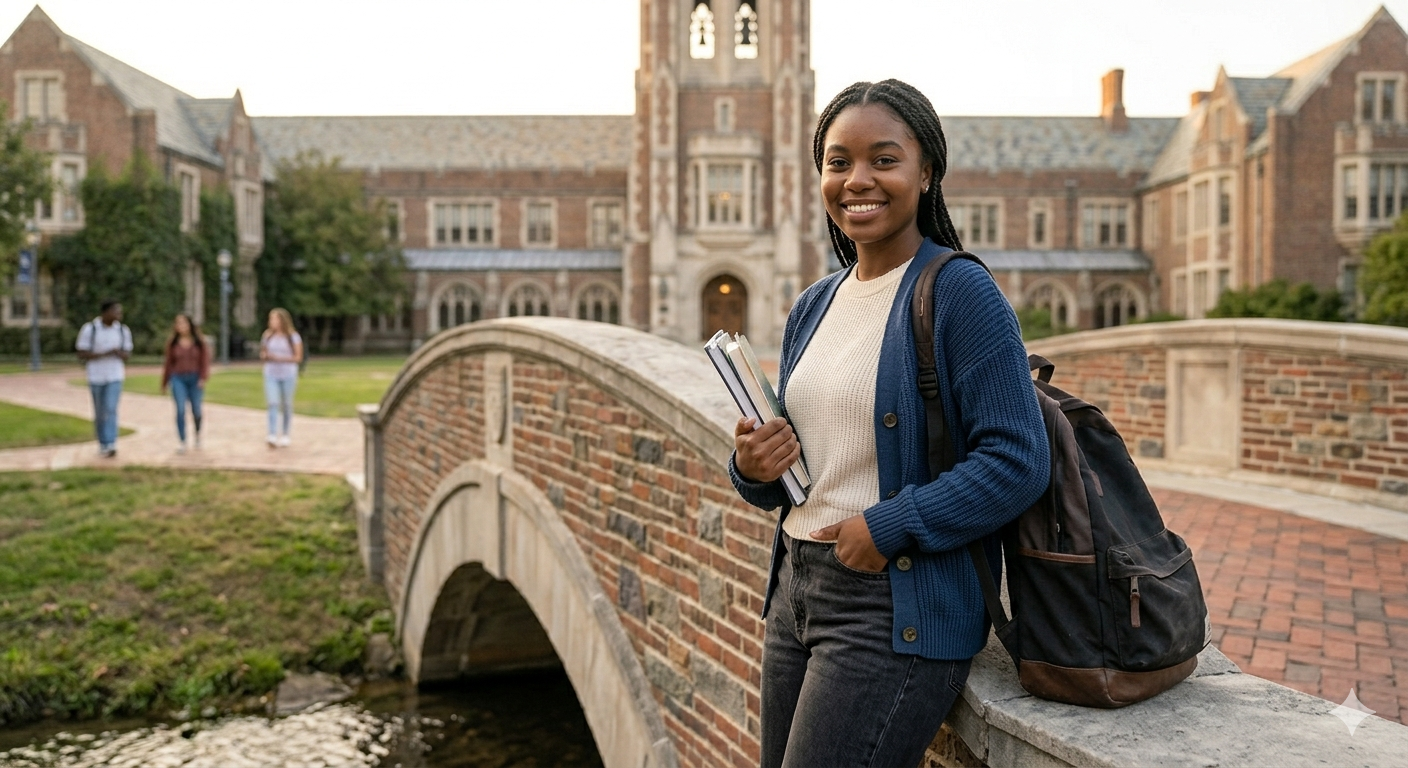 Young smiling African American woman holding textbooks on college campus with historic brick building and students in background