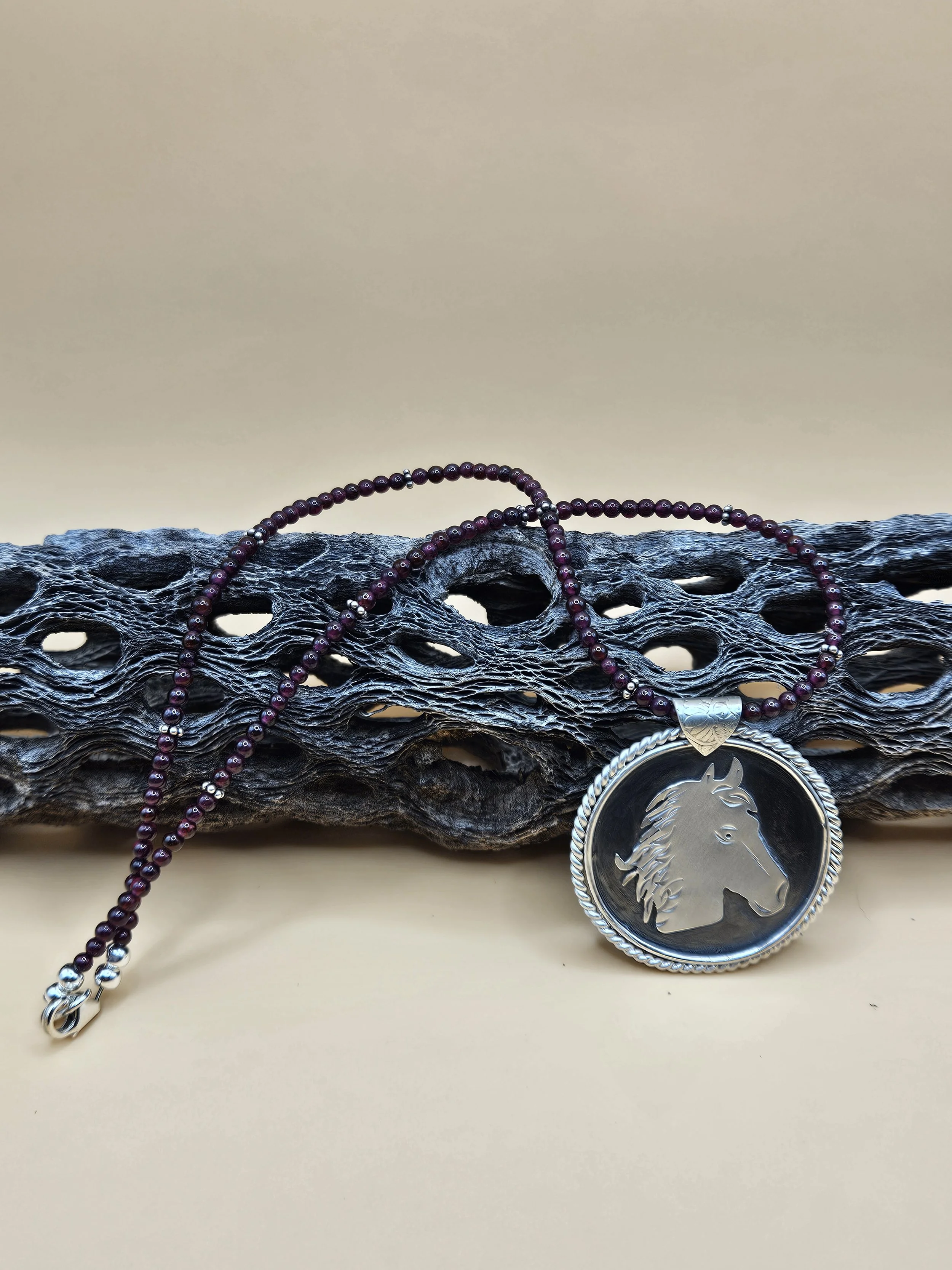 "Fire Horse" Medallion with Garnet Bead Chain