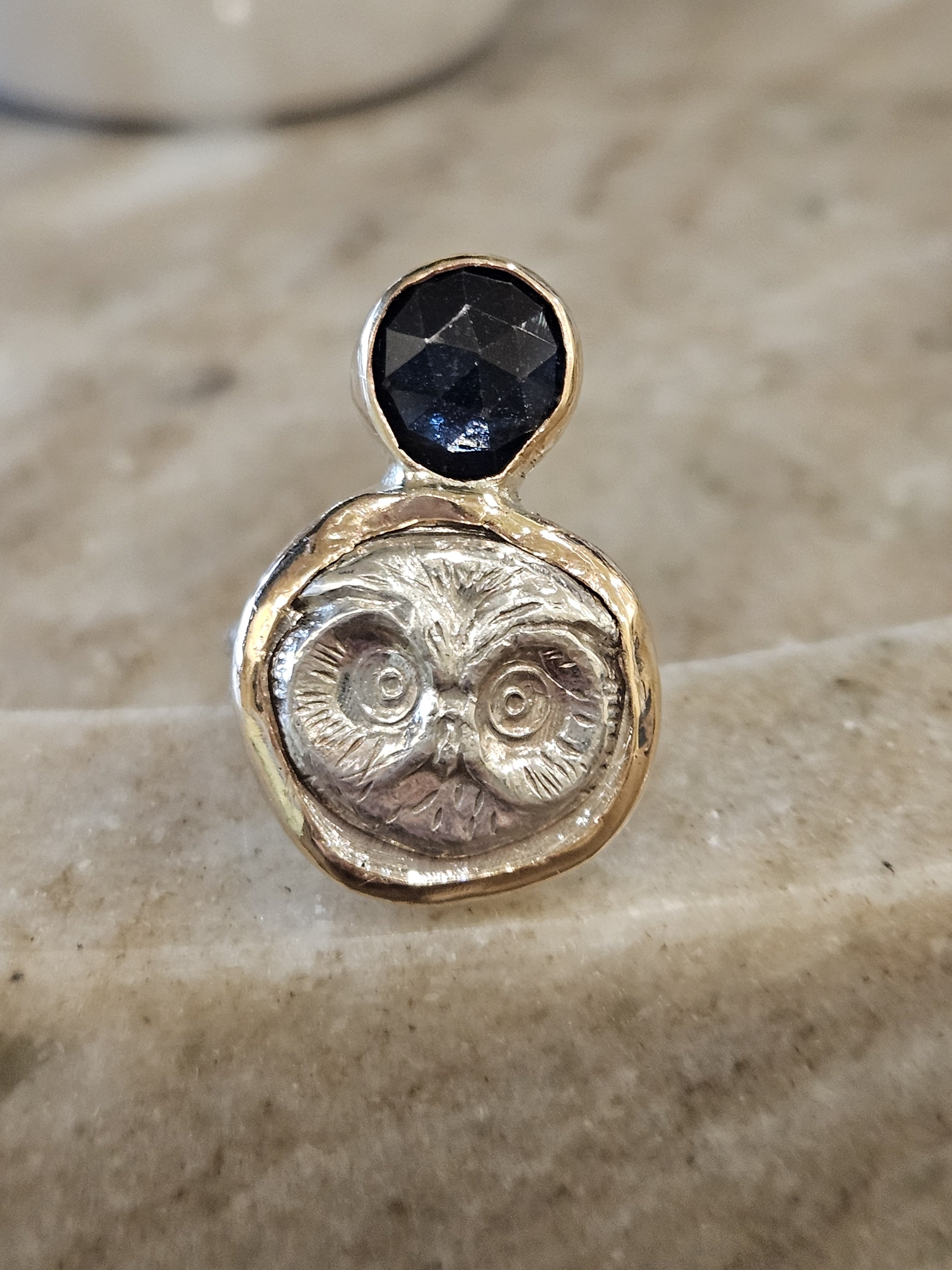 Sterling silver and 14k GF owl face ring with blue sapphire. 