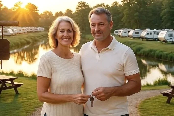 A smiling middle-aged woman and man standing outdoors near a calm river with reflections, surrounded by green trees and parked camper trailers, during sunset. The woman is holding keys.