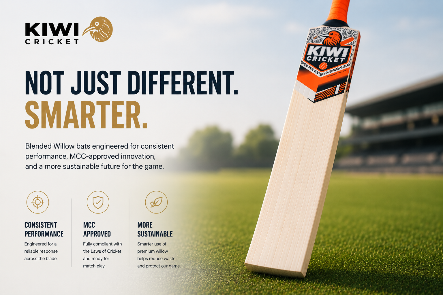 Advertisement for Kiwi Cricket bat featuring a close-up of a bamboo cricket bat on a grassy field with blurred stadium in the background. Text highlights performance, MCC approval, and sustainability benefits.