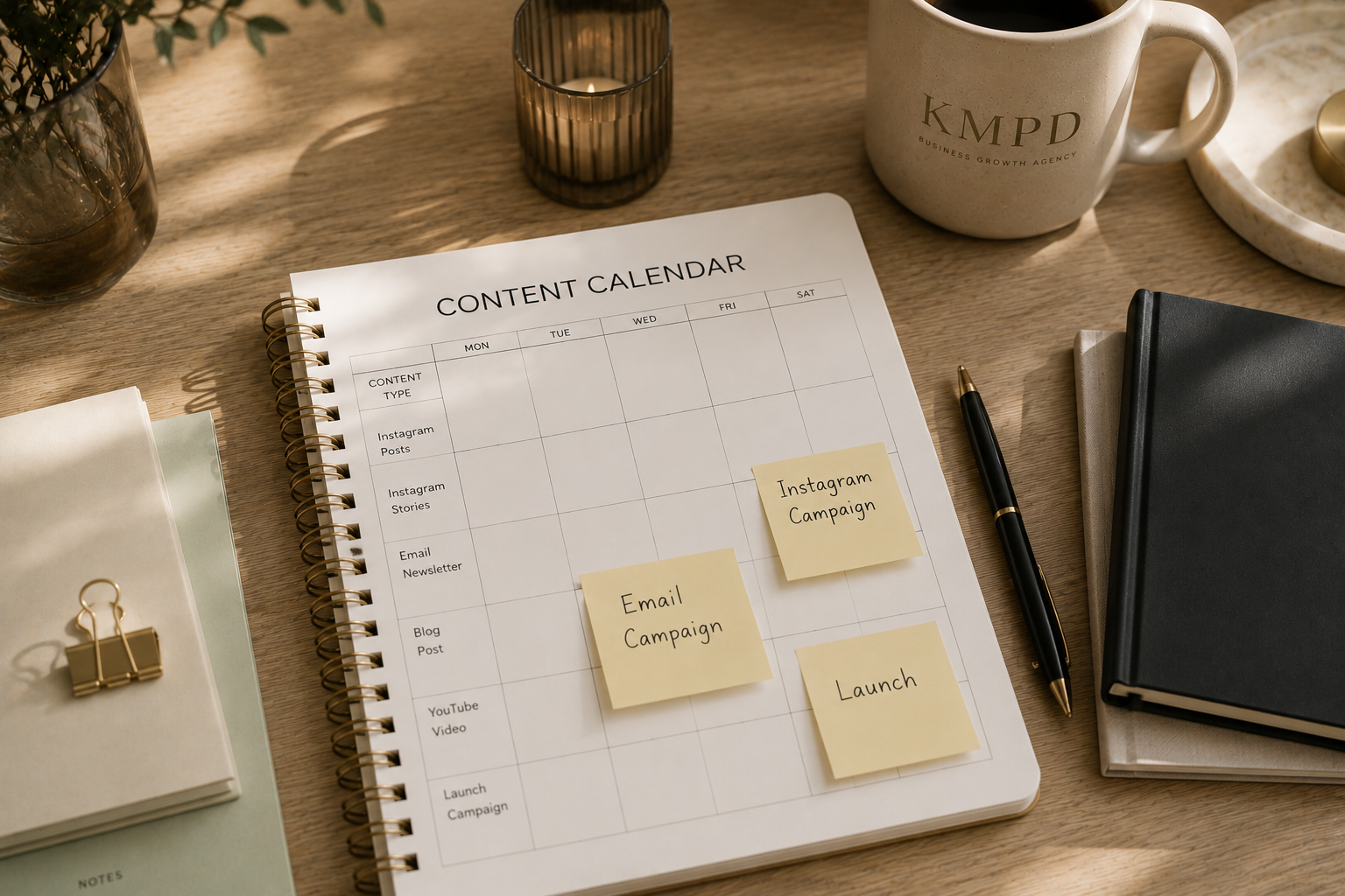 A wooden desk with a content calendar, sticky notes labeled "Email Campaign," "Instagram Campaign," and "Launch," a black pen, a black notebook, a gray notebook, a pen, a cup of coffee, a candle in a black glass holder, an open notebook with a gold binder clip, and a mug with "KMPD Business Growth Agency" written on it.