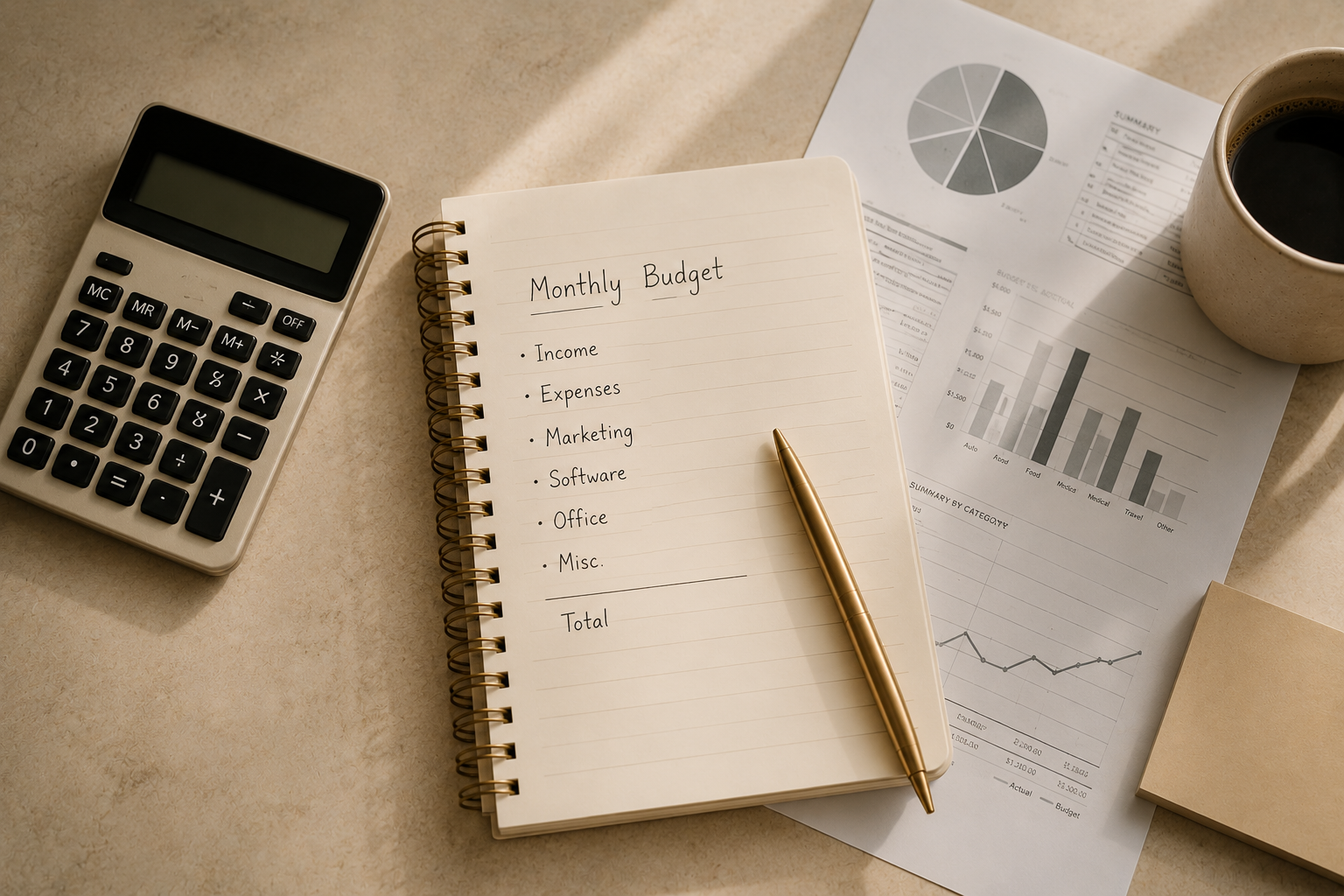 A notepad titled "Monthly Budget" with a list of categories including Income, Expenses, Marketing, Software, Office, Misc., and Total, a gold pen, financial reports with graphs, a calculator, a cup of coffee, and a small beige box on a beige surface.