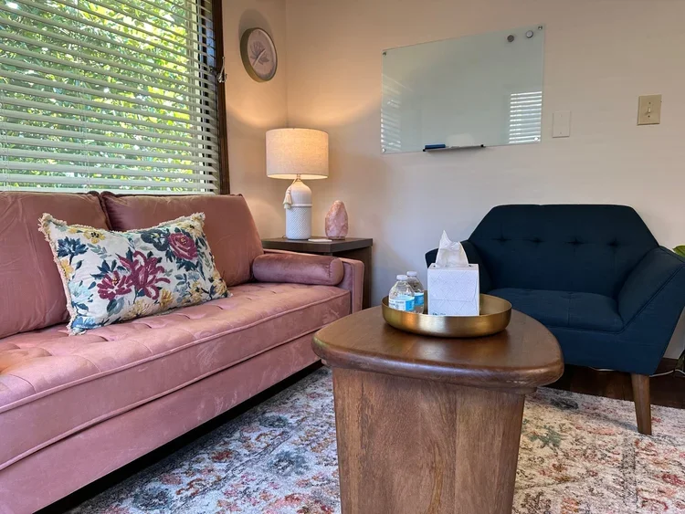 Room with a pink velvet sofa, a floral pillow, a wooden coffee table with a tissue box and bottled water, a dark blue accent chair, a side table with a lamp and pink salt lamp, a window with blinds, a whiteboard on the wall, and a patterned area rug.