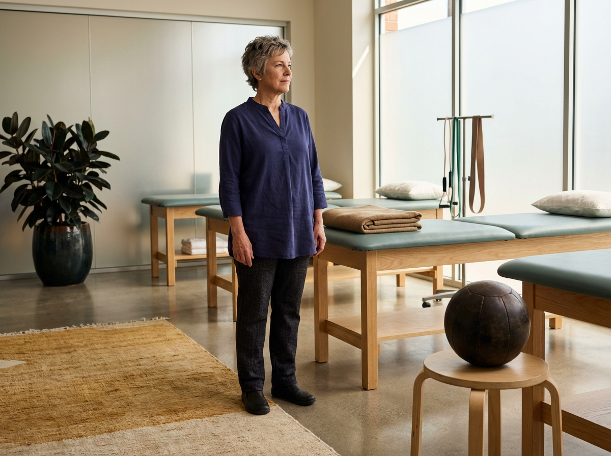 A woman stands in a physical therapy or chiropractic clinic with treatment tables, large windows, and some athletic equipment.