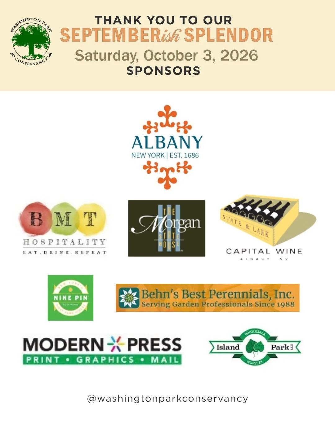 We are officially less than one week away from our annual September-ish Splendor! The Washington Park Conservancy wants to say THANK YOU to our generous sponsors. Your support makes conserving this historic park possible.