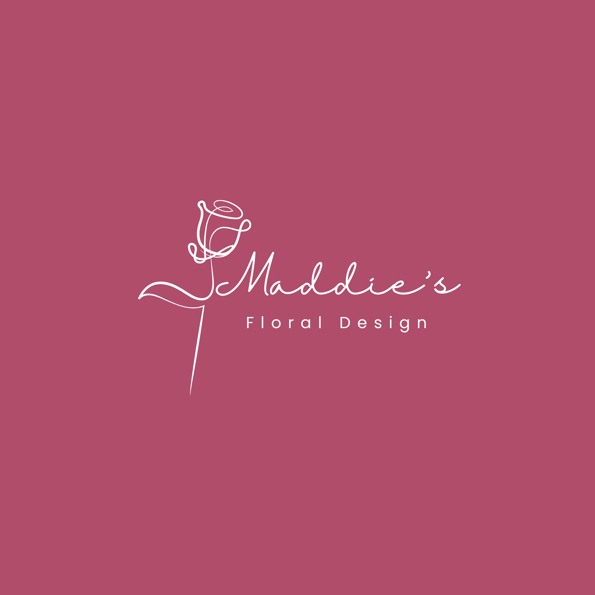 Pink background with white cursive text reading 'Maddie's Floral Design' and an outline of a rose.