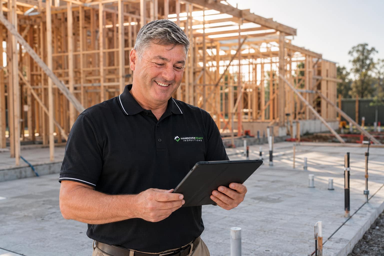 A smiling man in a black polo shirt holding a tablet, standing on a construction site with wooden framing in the background.
