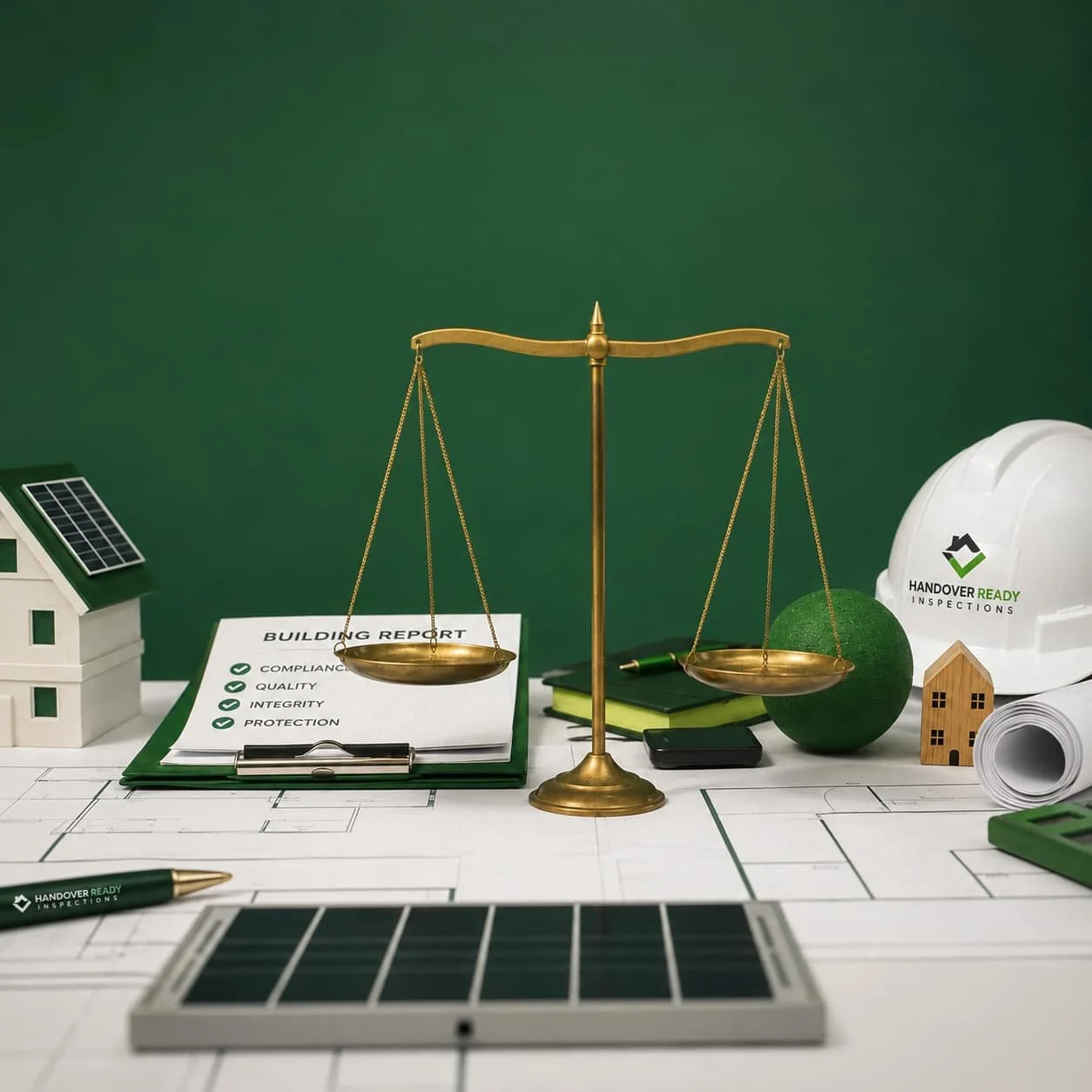 A desk with a scale, building plans, a hard hat with the logo 'Handover Ready Inspections,' solar panel models, and various office supplies, set against a green background.